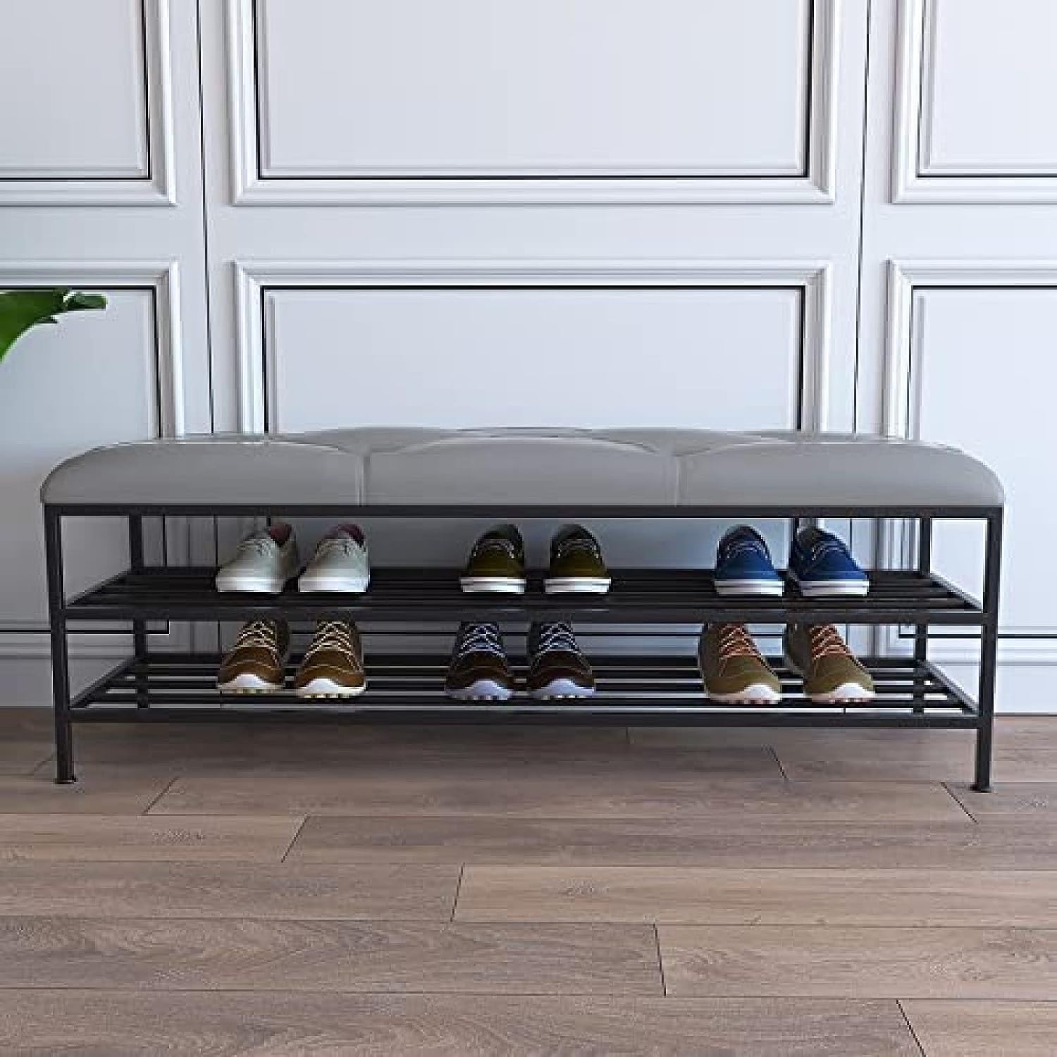 Banc d'entrée avec étagère à chaussures dorée noir en similicuir 120cm