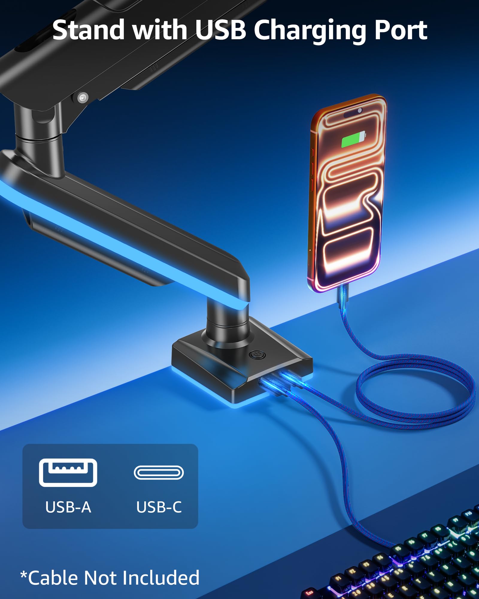 MOUNTUP Braccio singolo per monitor RGB adatto a 32 27 24 22 pollici, supporta schermi da 2 a 10 kg, supporto per monitor per scrivania con luci RGB, 19 modalità, supporto da scrivania per monitor per