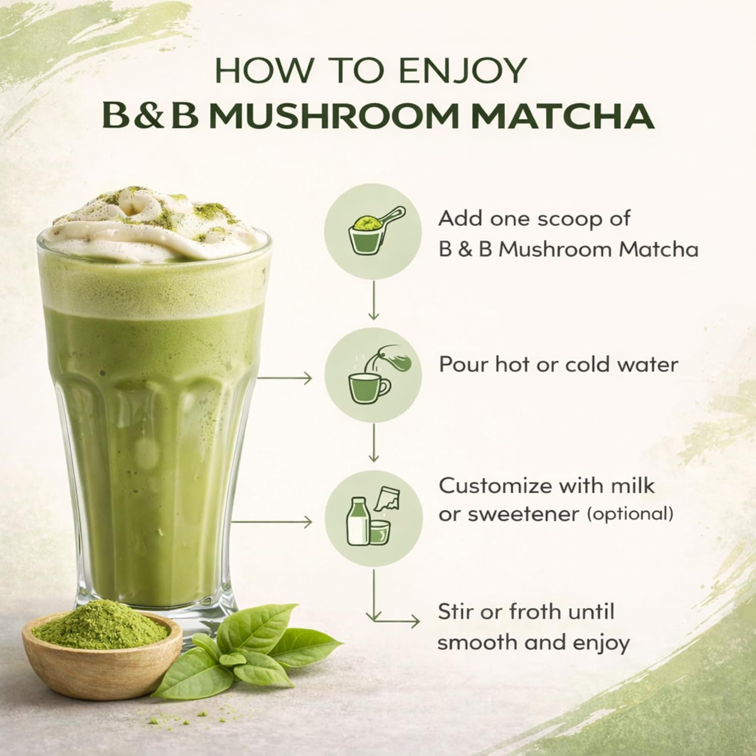 B & B Mushroom Matcha Powder with Coconut Milk | 6 Fruiting Body Mushroom Blend (Lion's Mane, Cordyceps, Chaga) | Japanese Ceremonial Grade Matcha | Nootropic Energy & Focus Support | 30 Servings (180g)