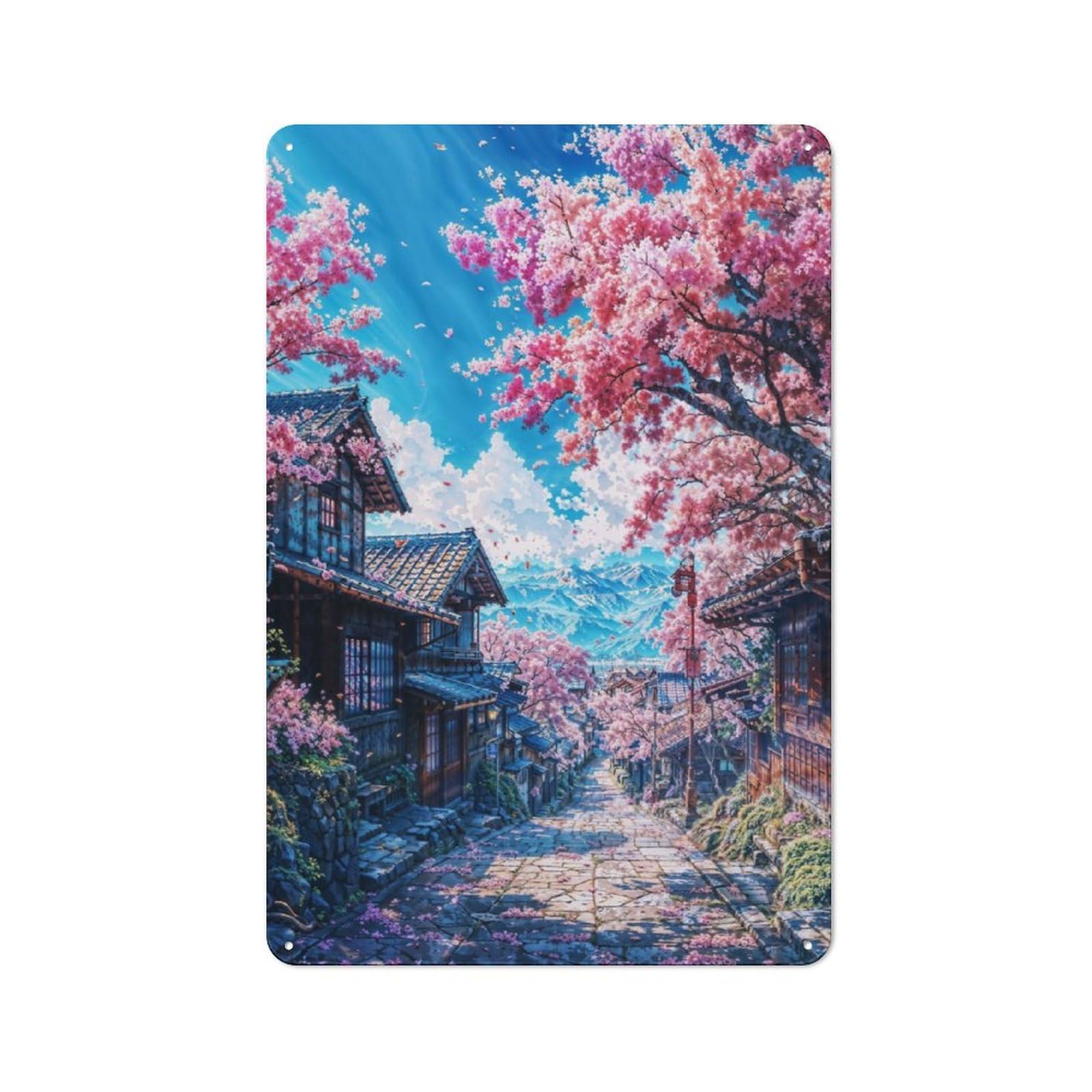 Industrial Tin Wall Sign 30x20cm Featuring Cherry Blossom Village, Urban Room Decor for Workspace, Cafe, Hallway Or Garage