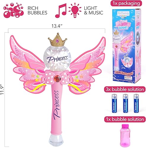 Miniatura 4 de ArtCreativity Varita de burbujas de princesa para niños, máquina sopladora de burbujas con luz LED y sonidos, juguete de burbujas para niños,
