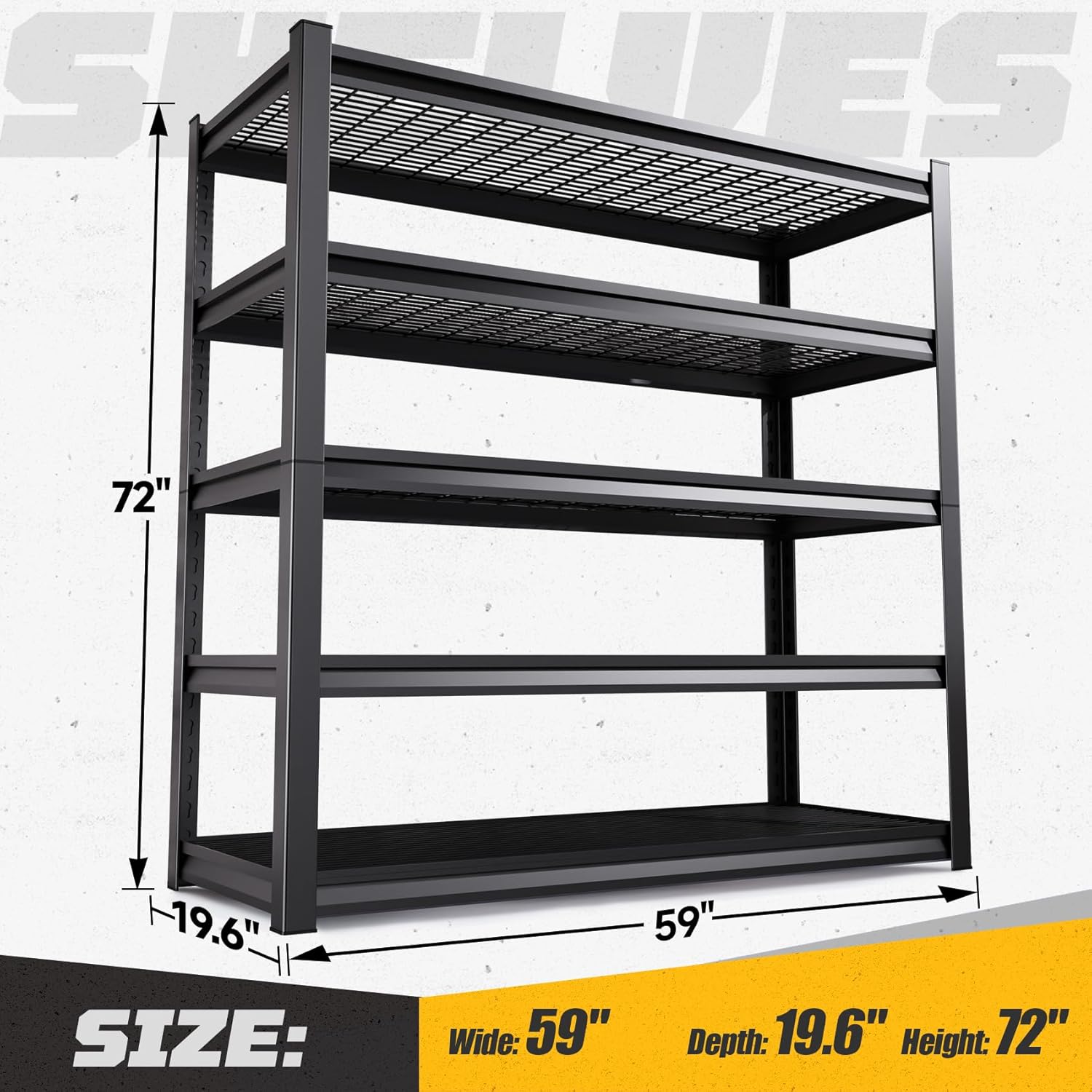 Garage Shelving, 1500 LBS Garage Storage Shelves, 5-Tier Heavy Duty Shelves, Utility Adjustable Metal Shelving Unit, 72" H x 59" W x 19.6" D Storage Shelf for Warehouse, Basement, Closet
