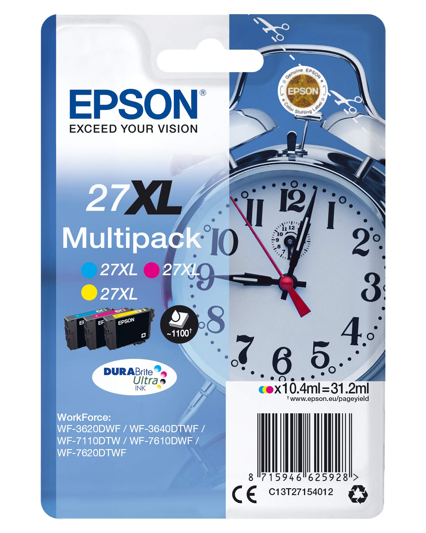Epson Sveglia Serie 27XL, DURABrite Ultra Ink, Multipack 3 colori, Ciano, Magenta, Giallo, Formato XL