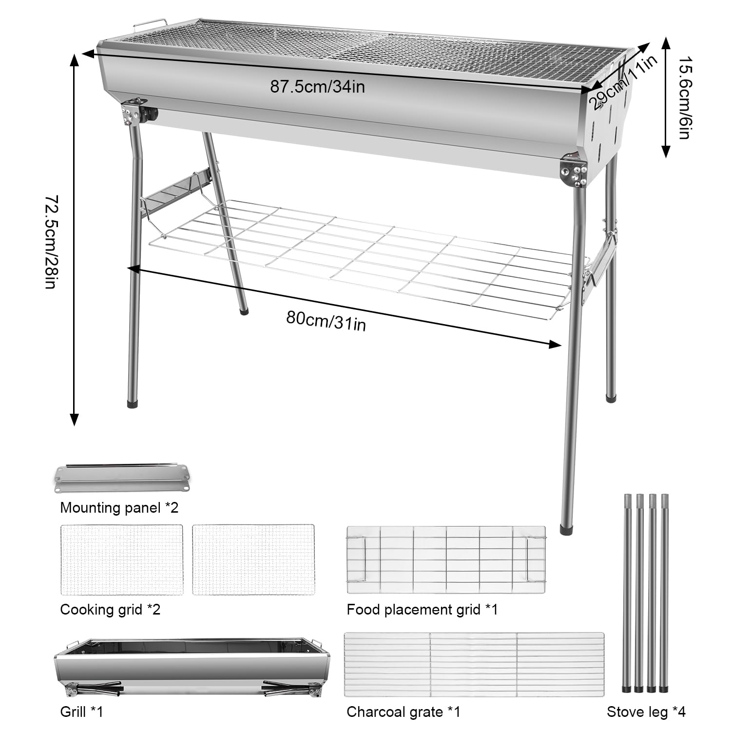 Guogiyala Portable Charcoal Grill, Foldable Stainless Steel Grill with Storage Shelf and non-slip feet - ideal for outdoor Kabob cooking, picnics and camping (lager)