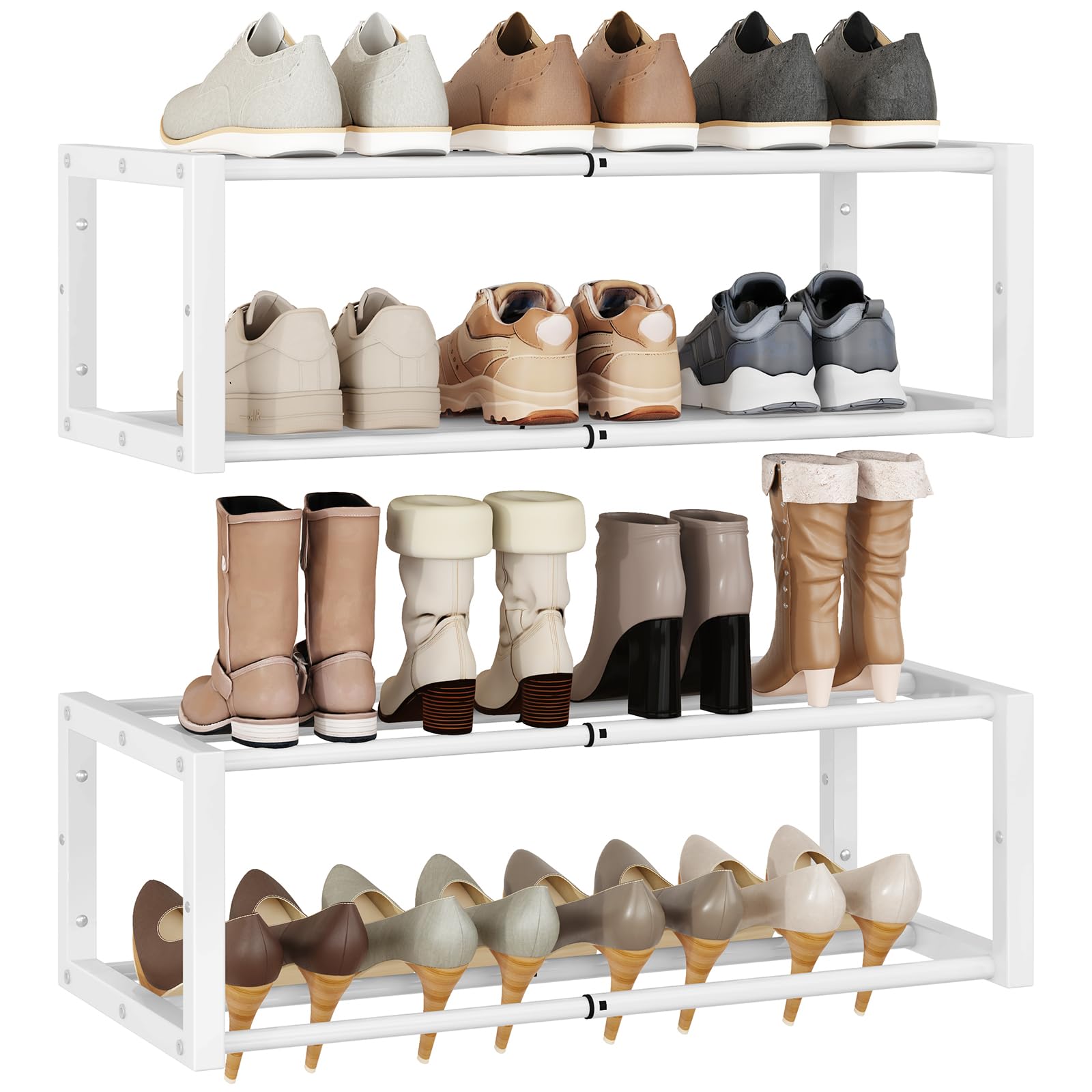 IBUYKE Lot de 2 Étagère à Chaussures Murales, Petit Organiseur à Chaussures Suspendu Extensible de 41-73 cm, Gain de Place Porte Chaussures Mural en Métal pour Entrée Salon, Blanc TXJ001W-2