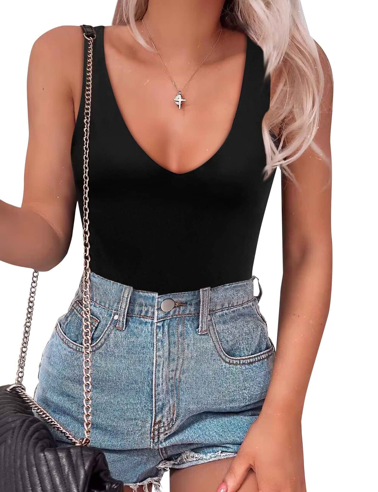 SAUNGKUAI Women’s Bodysuit Sexy Plunge Deep V Neck Backless Sleeveless Tank Thong Body Suits Outfits for Going Out Sleeveless