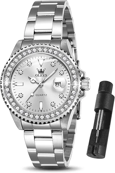 OLEVS Watches Women with Date Silver Stainless Steel Luxury Ladies Watches with Small Writs Diamond Watches for Women Waterproof Elegant Dress Quartz Analog Women's Wrist Watches Reloj de Mujer