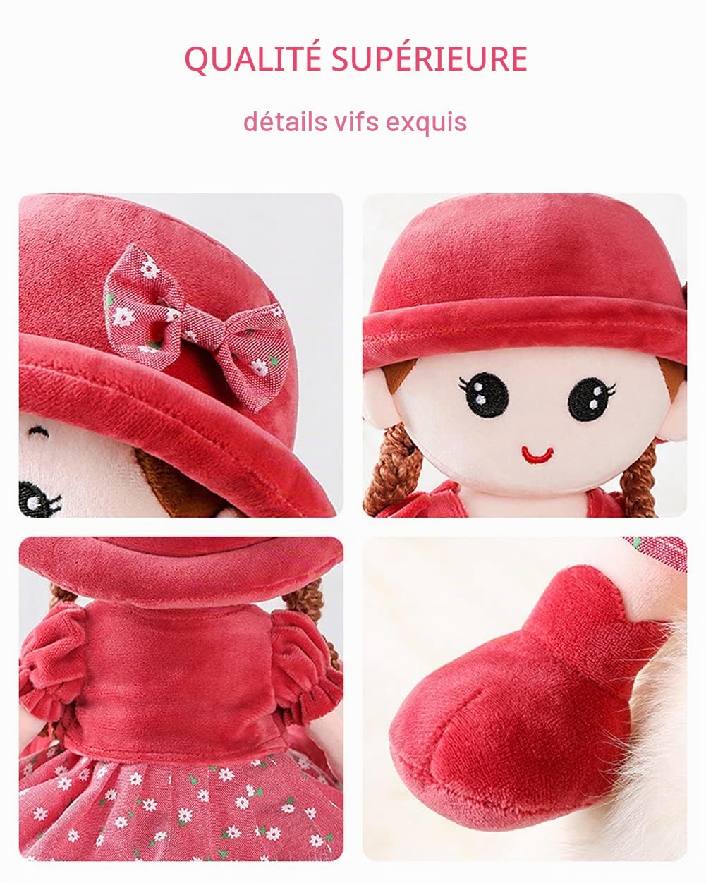 Poupée de Chiffon Fille Mignon Jouet en Peluche Bébé Douce Poupée Princesse Chapeau et Vêtements Détachables, à Partir de 0 Ans +, pour Anniversaire,de baptême,Valentin, Noël