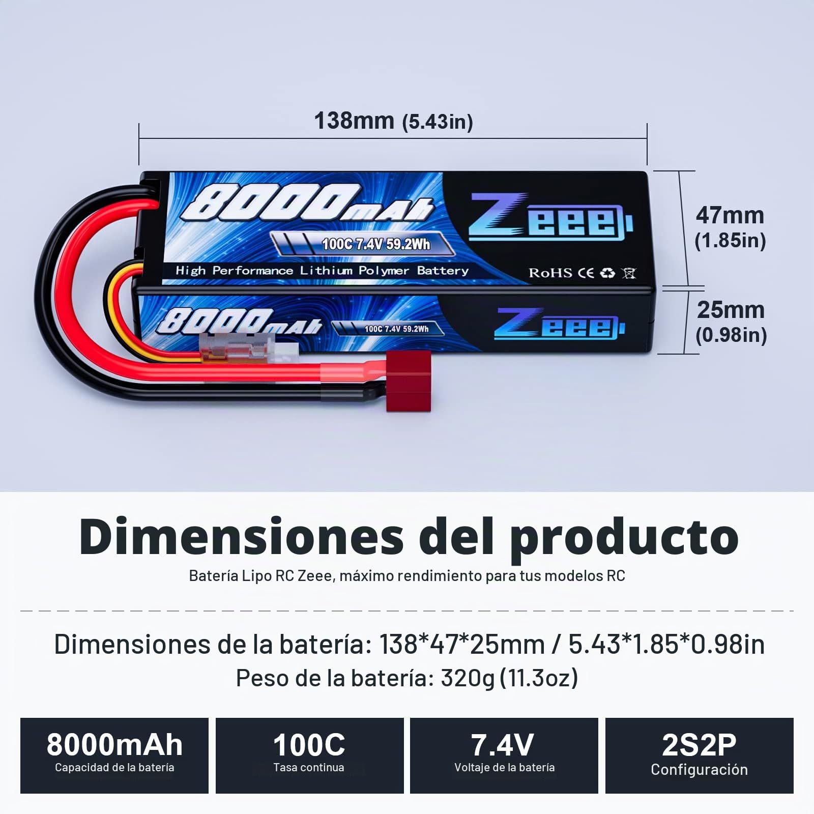 Zeee 2S Lipo Batería 7.4V 8000mAh 100C Hardcase Batería con Conector T