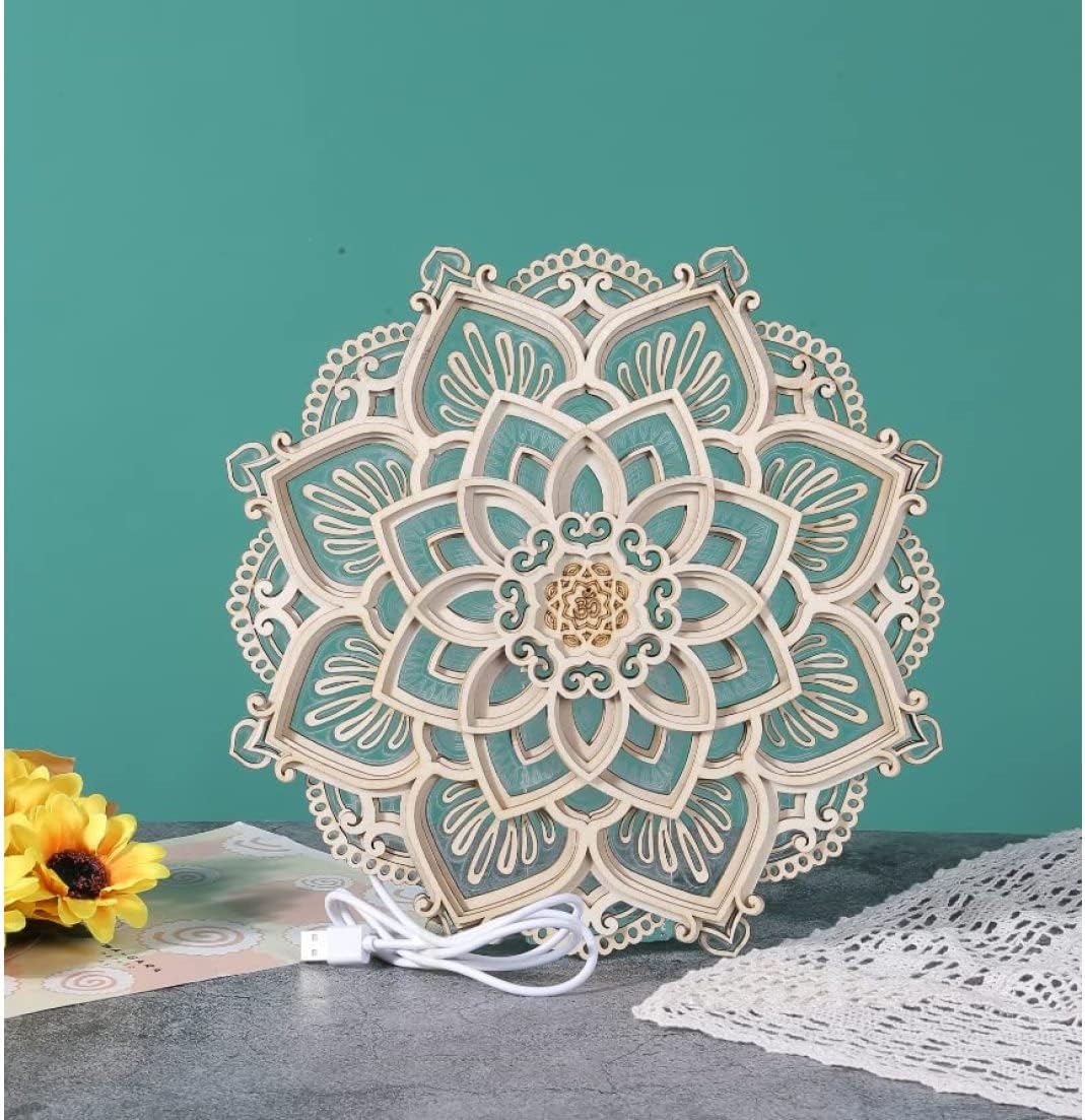 Ckuakiwu Mandala Yoga Room Night Light Led, Yoga Room Led Night Light, Creative Dream Wooden Hanging Wall Light Living Room Bedroom Wall Decoration, Diameter 11.8Inch