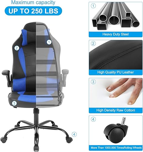 Miniatura 38 de Silla de oficina de piel sintética, silla de juegos de escritorio, respaldo alto, altura ajustable, silla de computadora con soporte lumbar trasero