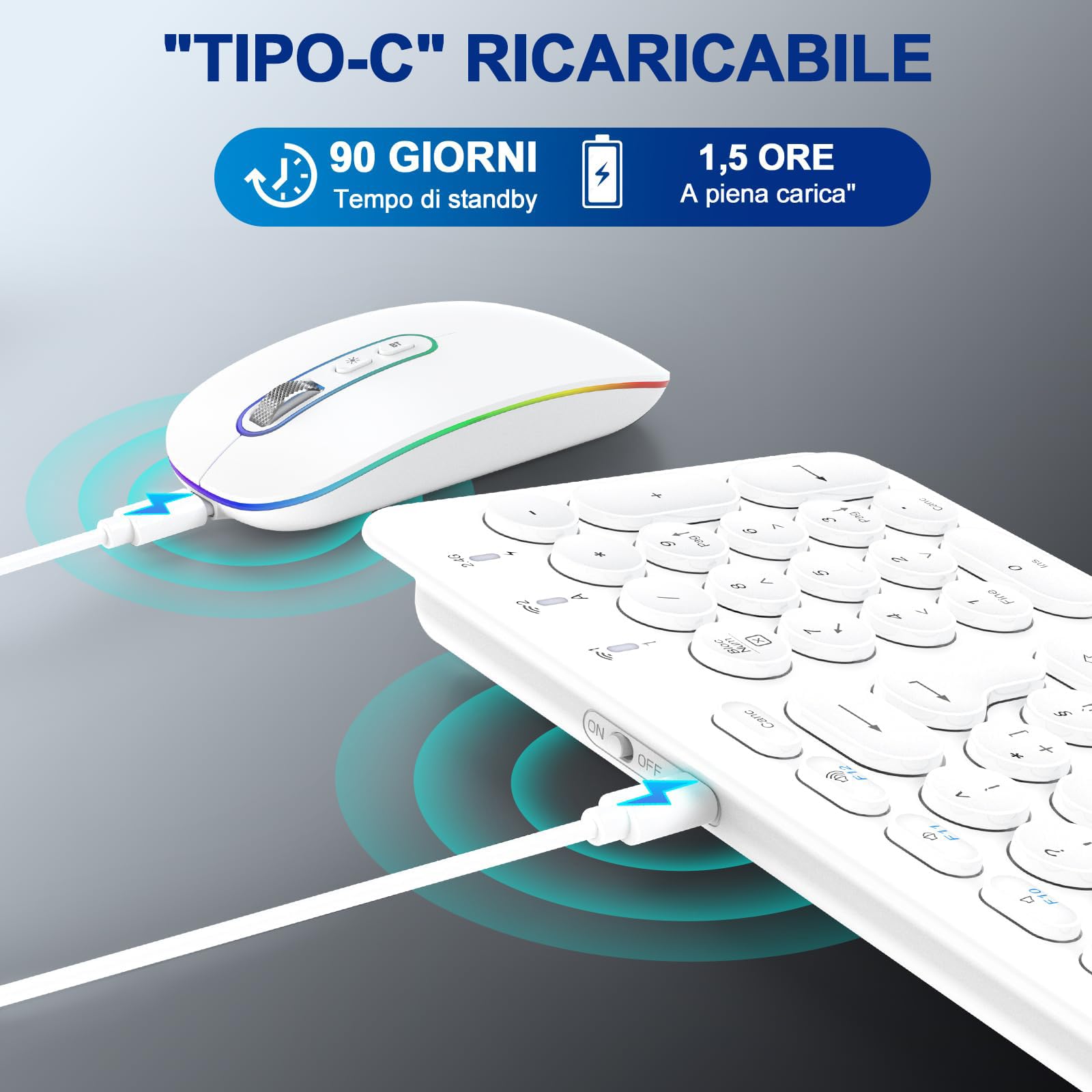 PINKCAT Tastiera e Mouse Wireless, Bluetooth e 2.4 G Tastiera e Mouse, Batteria Ricaricabile Design Ergonomico Set tastiera e mouse per PC/Tablet/Windows, iOS, Mac OS - Bianca