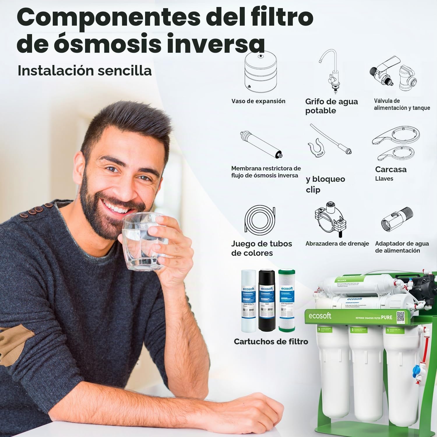 Ecosoft Pure Balance con bomba y bastidor | descalcificador doméstico para agua dura | control inteligente | ahorro de sal y agua | ideal para viviendas unifamiliares
