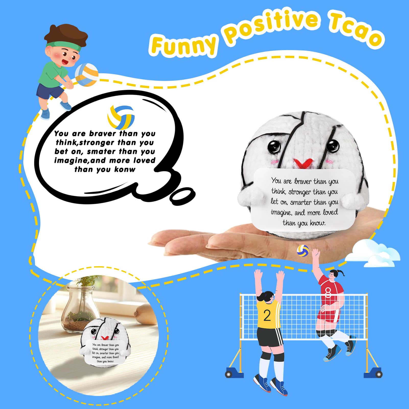 ZLSPTK Positive Crochet Animals Volleyball Emotional Support Plush Crochet Funny Gift for Women Friends Birthday Emotional Support Doll Knitting Toy Motivational Crochet Accessories Desk Room Decor