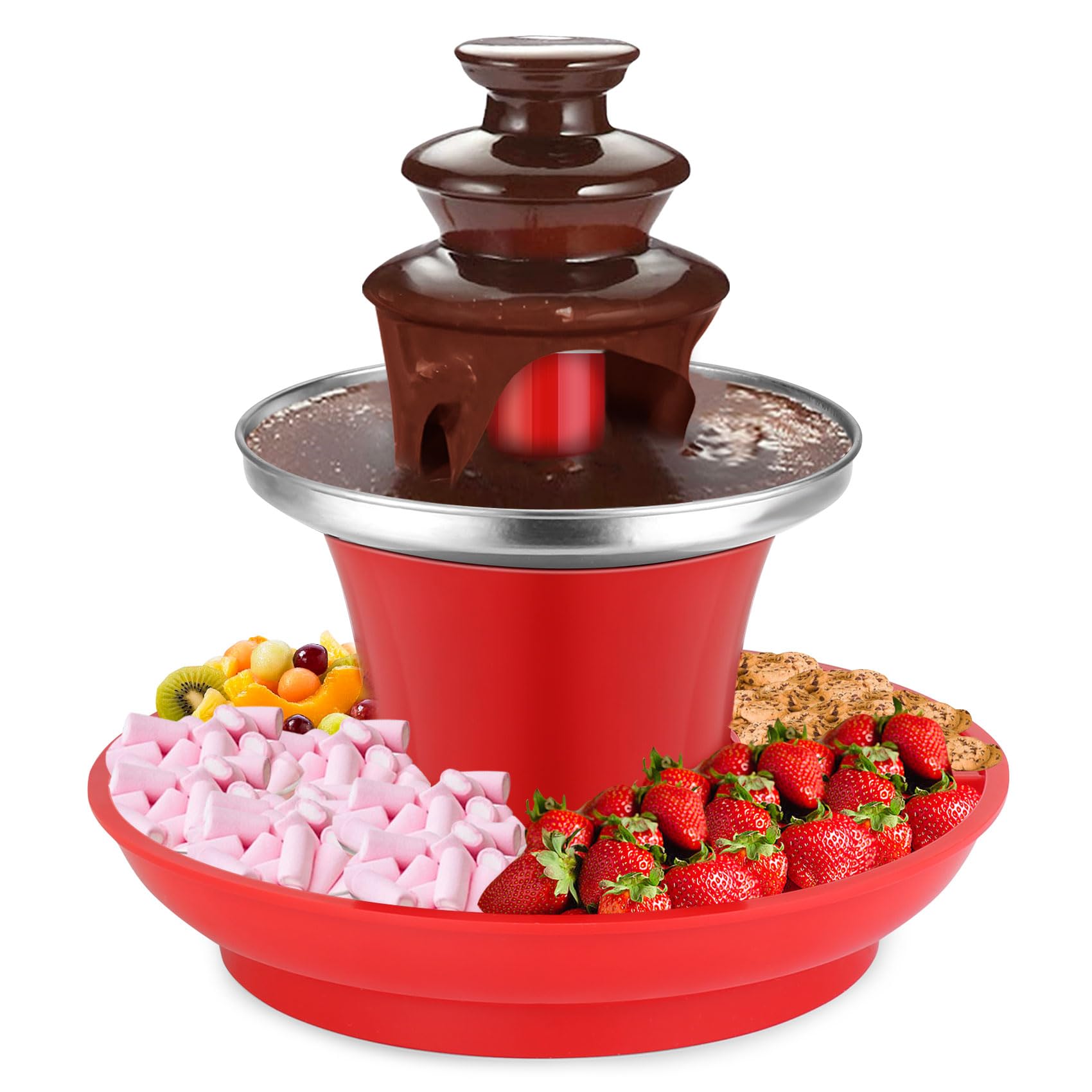 Mini Chocolate Fountain Party Fountain, Chocolate Fountain Machine for Nacho Cheese BBQ Sauce Ranch Liqueurs, Stainless Steel Chocolate Fondue Fountain for Birthday Party Wedding, Red