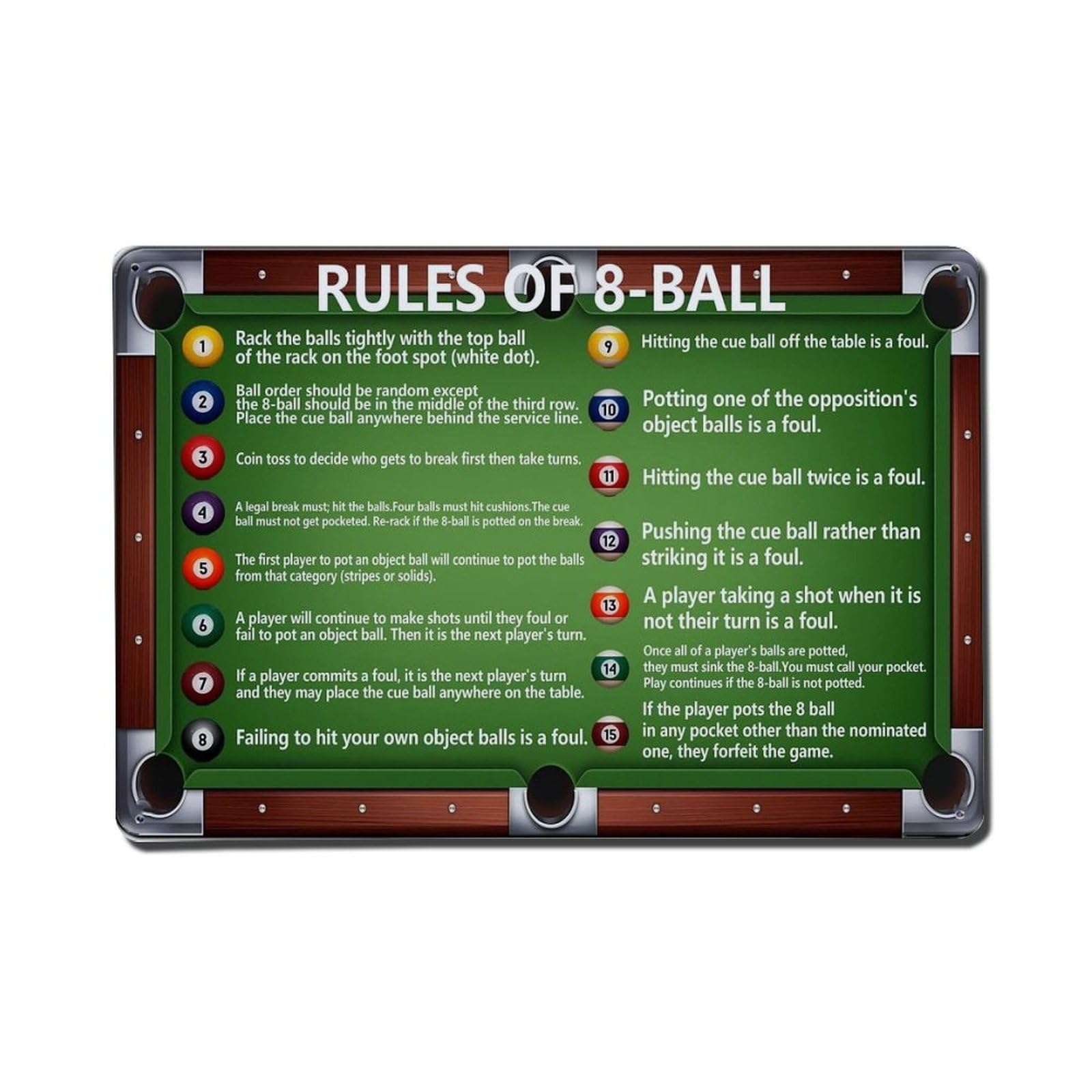 Rkundrne Vintage 8 Ball Billiards Rules Metal Tin Sign Garden Bedroom Cafe Bar Man Cave Home Wall Decor Metal Poster 8X12 In
