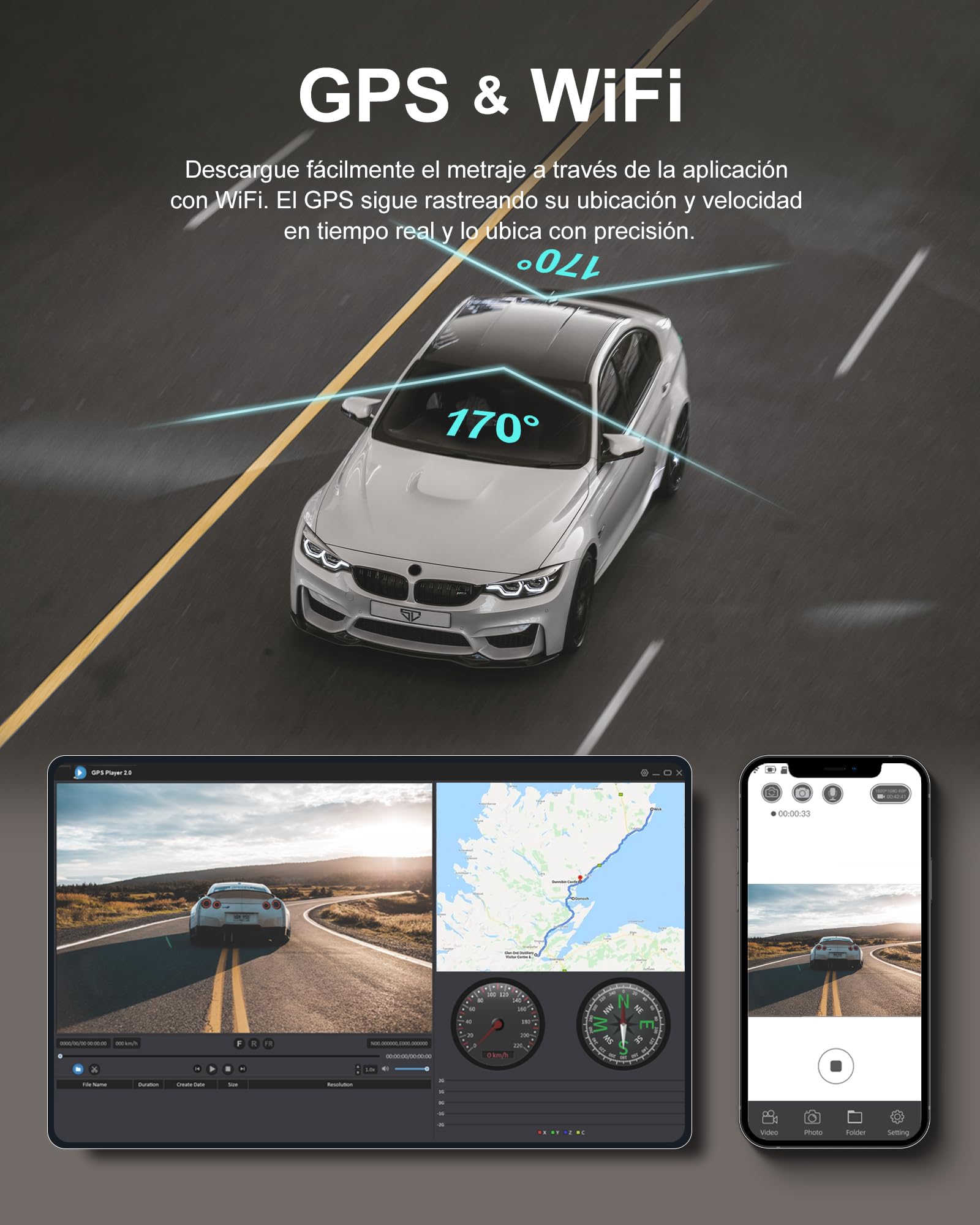iZEEKER 4K Dashcam, WiFi GPS Cámara de Coche Frontal y Trasera, 4K+1080P Doble Dash CAM Coche con Tarjeta SD de 32GB, Pantalla Táctil IPS de 3'', Control App, Visión Nocturna, WDR, 170° Gran Angular