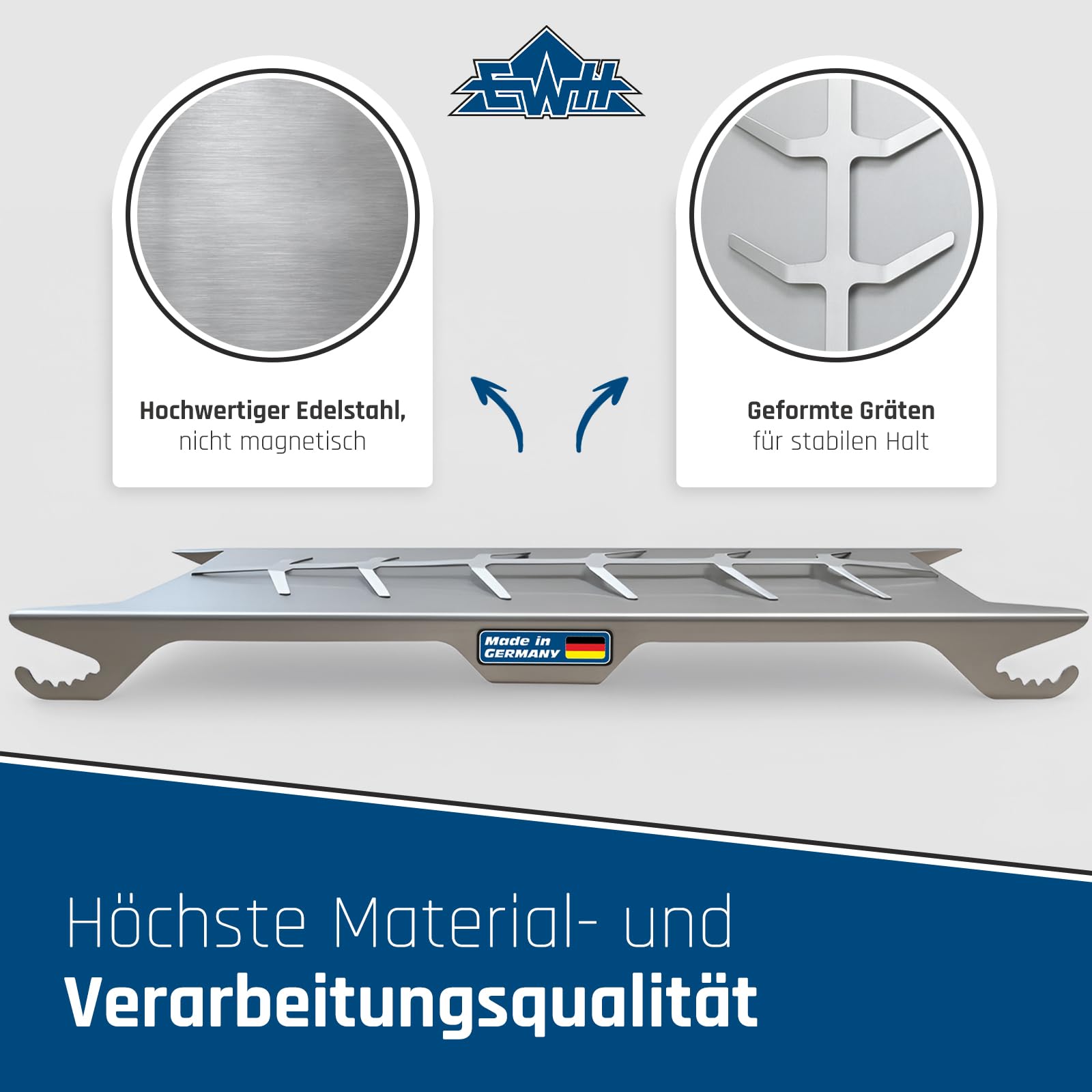 EWH Flammlachsbrett Edelstahl | Mit Wendegriff für müheloses 180° Drehen | Perfekter Halt durch geformte Gräten | Langlebig, rostfrei & leicht zu reinigen | Passend für Feuerschale | Flammlachshalter