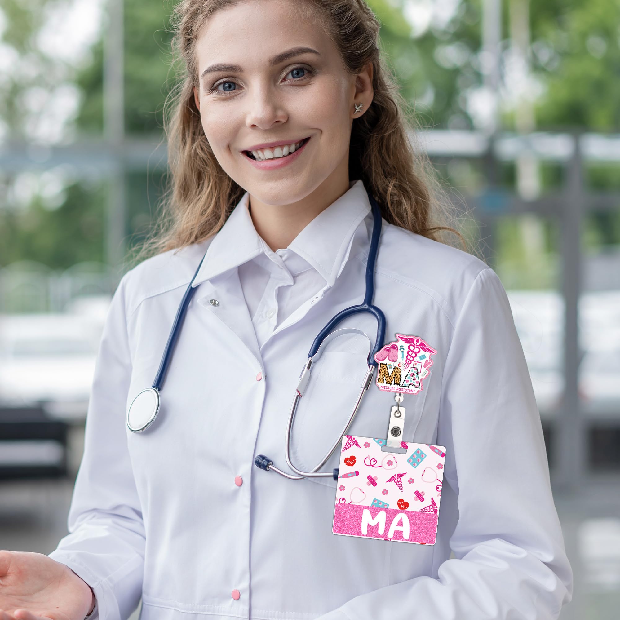 Medical Assistant Badge Reel and Buddy, Pink Retractable ID Holder with Swivel Clip and MA Badge Buddy, Medical Assistant Gifts and Accessories for Work