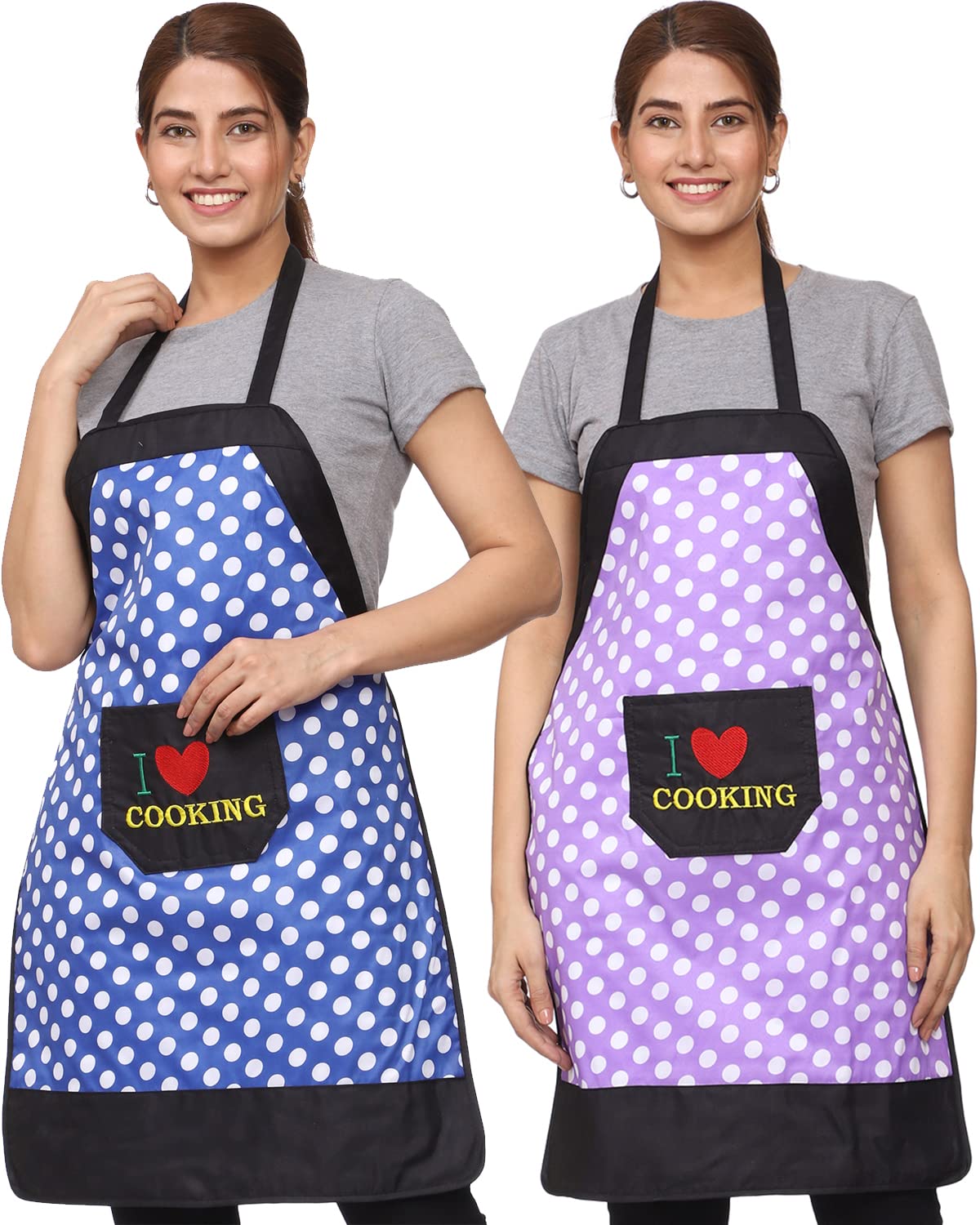 JMI Cotton Dot Four Strip Design Waterproof Apron With Front Multi Purpose Pocket For Kitchen , Cooking , Dusting , Home. (Pack of 2) (MULTI 7)