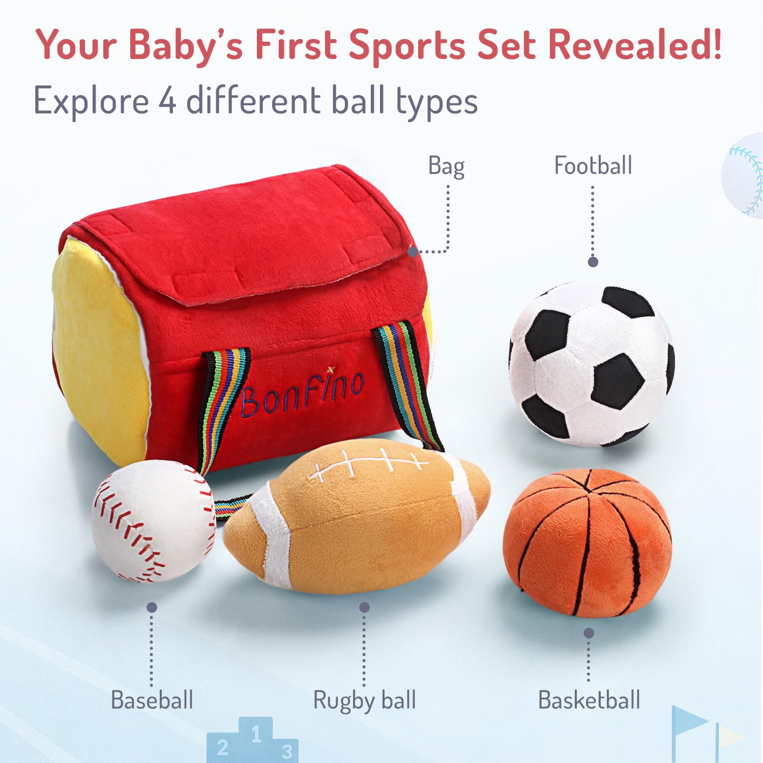 Bonfino My First Soft Sports Bag β Plush Toy Set with Baseball, Basketball, Football & Soccer Balls, Rattle&Crinkle Sound, Soft Ball for Kids,Soft Toys for Babies 3+ Months,Birthday Gift for Newborn