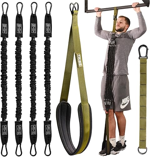Pull Up Assistance Bands Set - 4 Heavy-Duty Pull Up Bands, Height Adjustable Strap & Comfortable Foot Strap - Stackable Pull Up Resistance Bands for