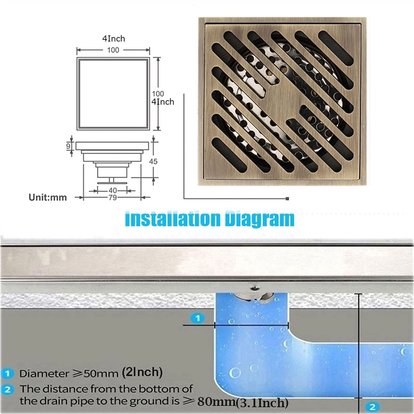 Scarico a pavimento for doccia quadrato in ottone 100 * mm