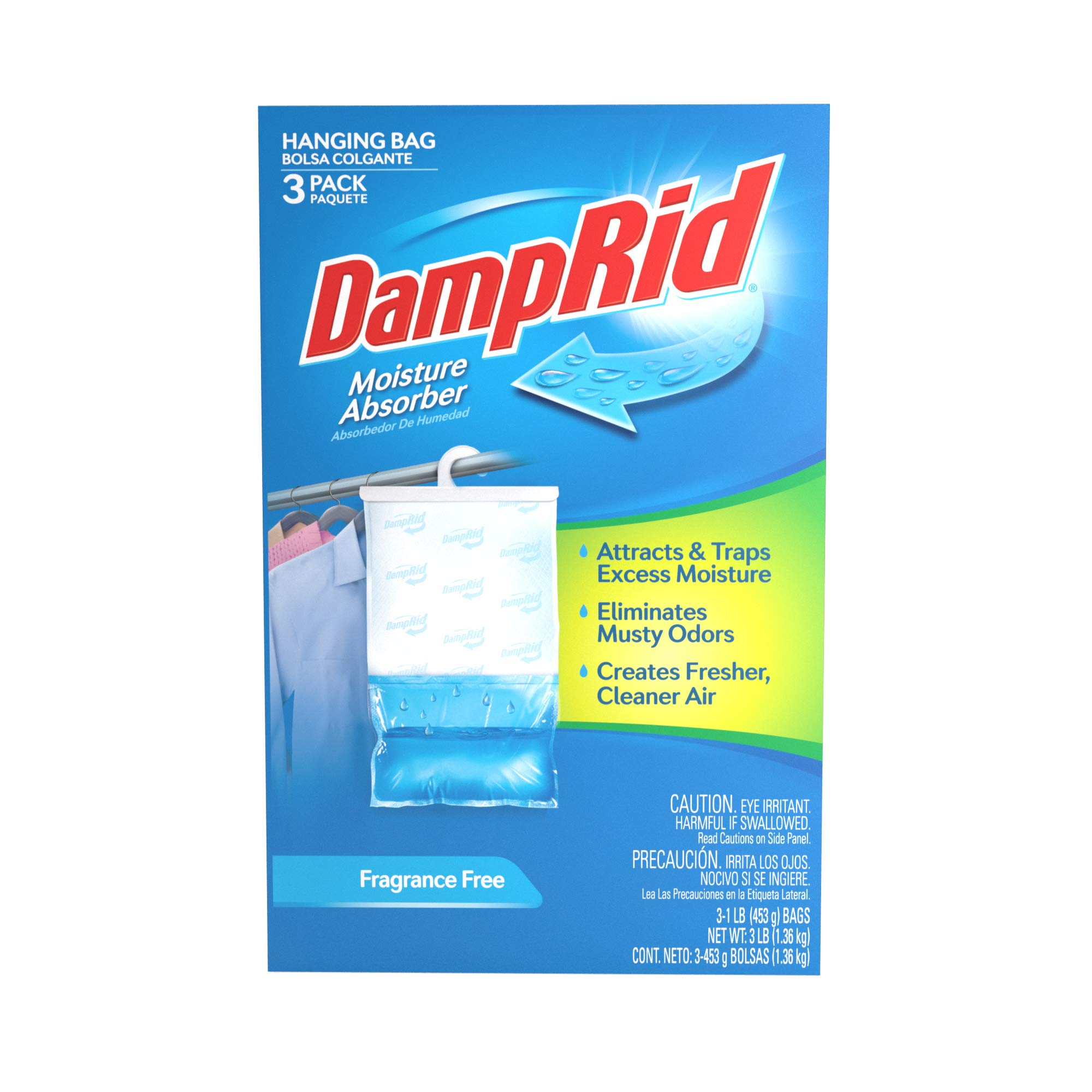 DampRid Hanging Bag Absorber for Closets, 3 Pack, 16 oz. Each, Fragrance Free Traps Excess Moisture for Fresher, Cleaner Air, 3 Count (Pack of 1)