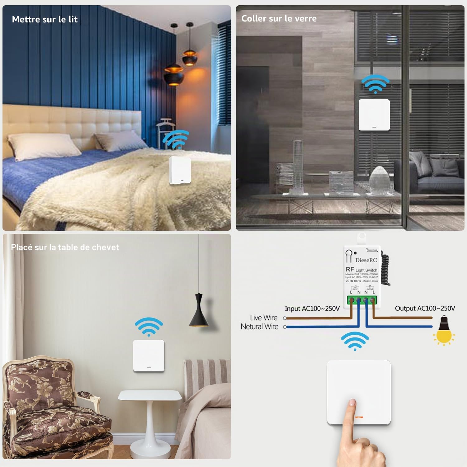 DieseRC Interrupteur de Lumière Sans Fil, Interrupteur émetteur RF pour Panneau Mural de type 86 et Contrôleur-récepteur à Relais de 10 A, pour des Lumières Jusqu'à 1500 W