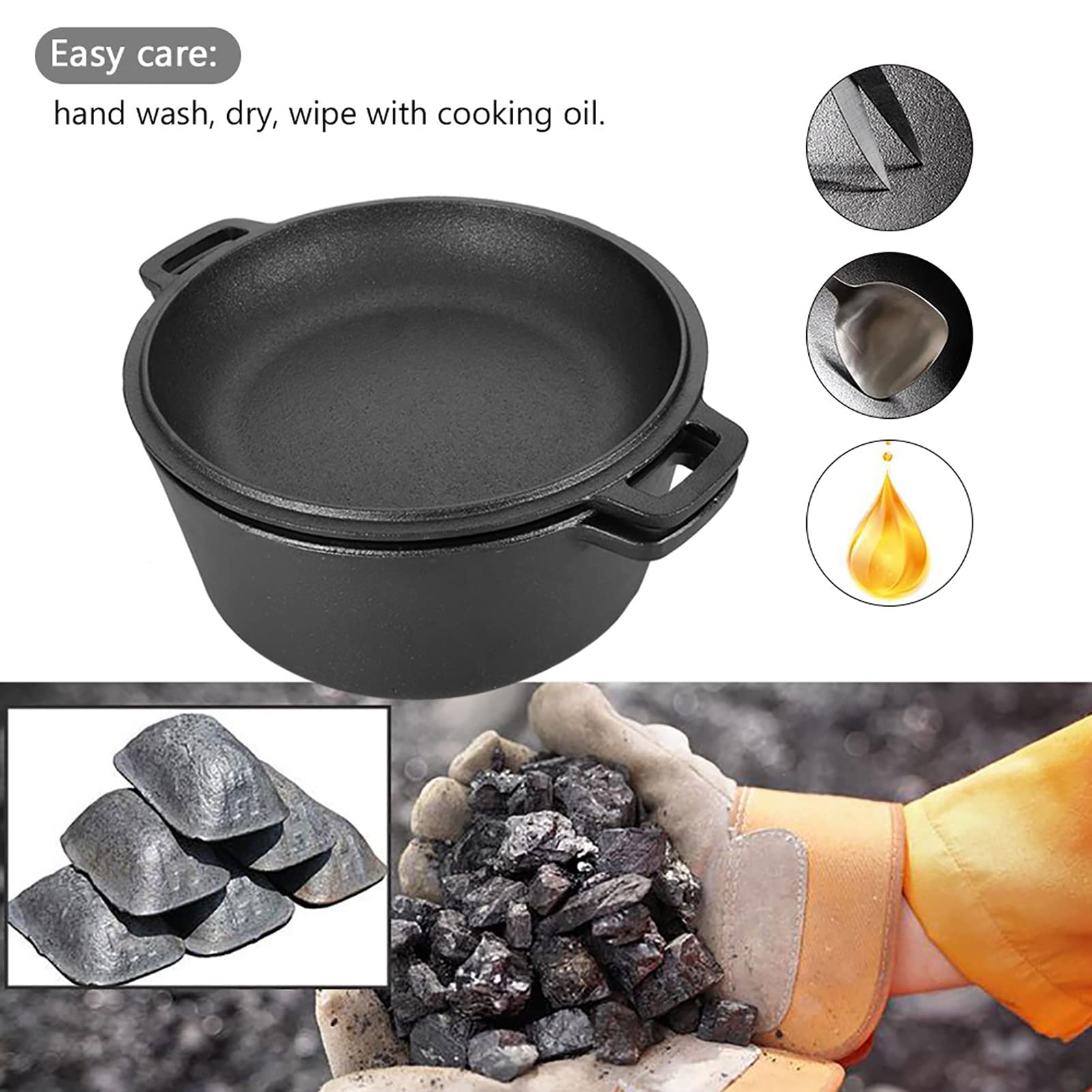 Cacerola de hierro fundido, olla de hierro fundido, olla de hierro fundido para horno, olla redonda con tapa, cacerola de hierro fundido, cacerola de hierro fundido, cacerola con dos asas
