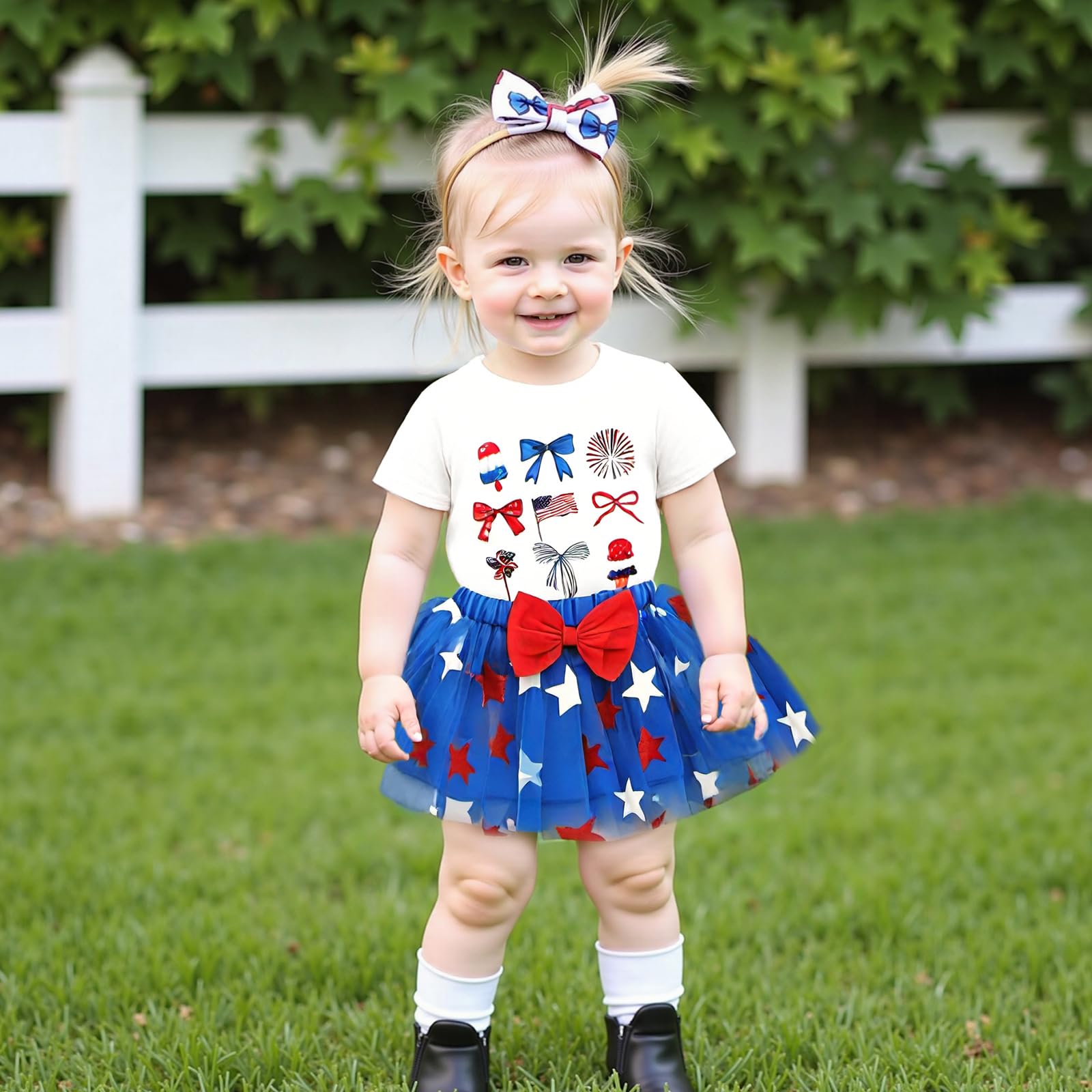 Youweixiong Toddler Baby Girl 4th Of July Outfit Short Sleeve American Flag Bow Popsicle T-Shirt Star Tulle Tutu Skirt Set Summer Clothes (White, 2-3T)