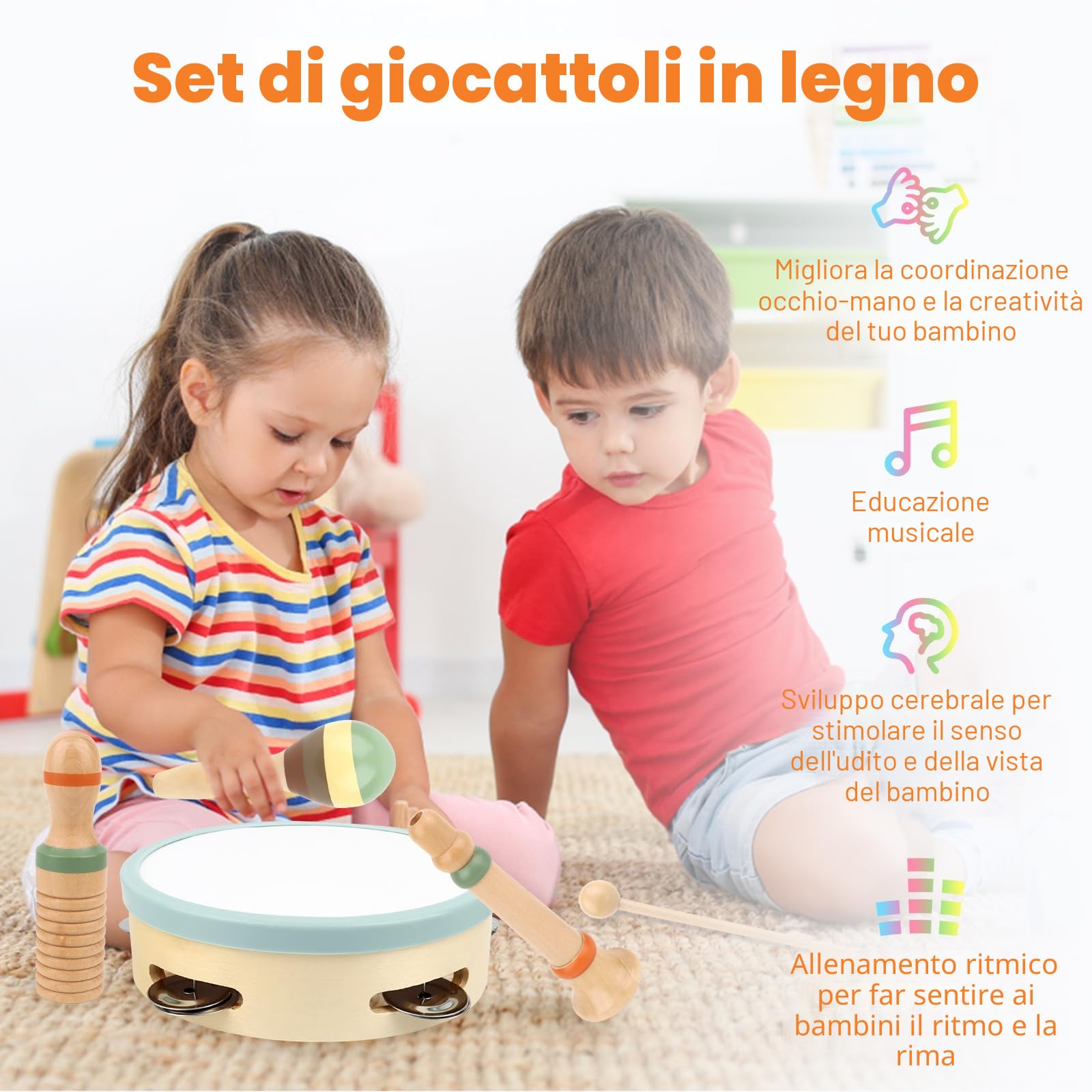 Strumenti Musicali Bambini, 6 in 1 Giochi Legno Montessori Sensoriale, Strumenti Musicali Percussioni in Legno - Tambourine Percussioni per Bambini con Tamburo, Xylophone , 3 4 5 6 Anni