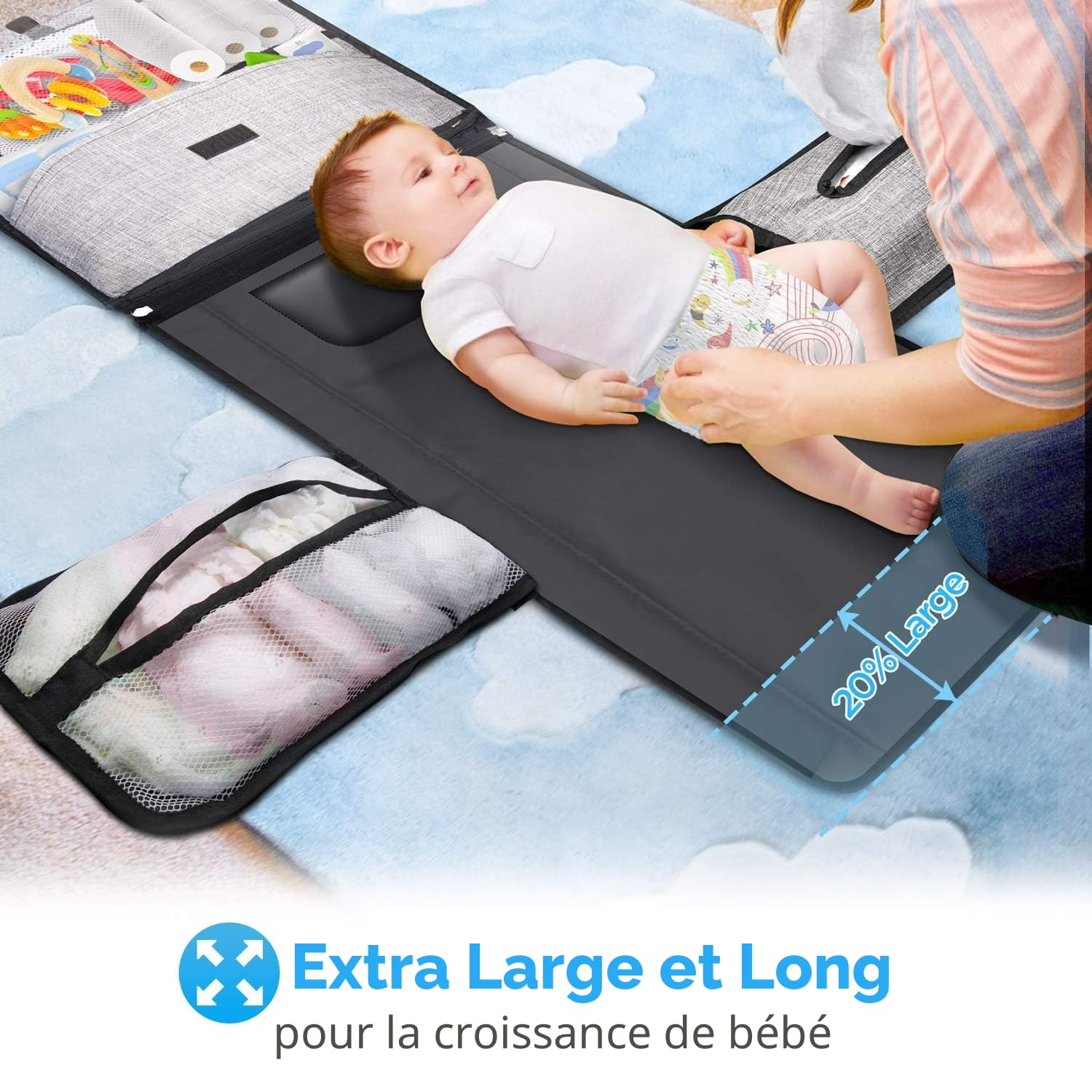 Matelas à langer portable et imperméable XL - Ce matelas à langer est un sac amovible composé de 6 poches avec un distributeur de lingettes et un coussin confortable pour la tête de bébé.