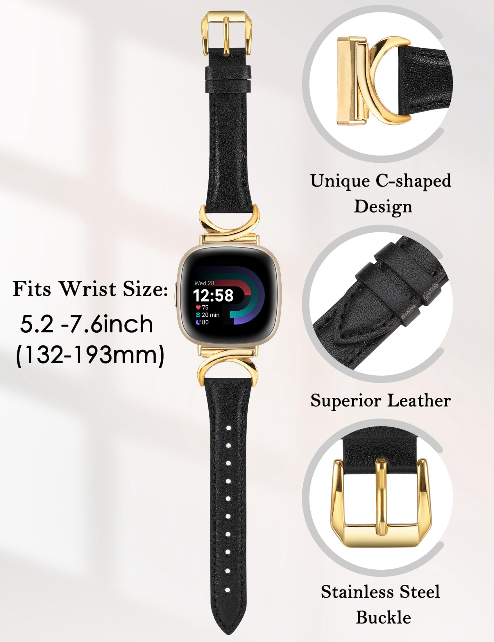 TOYOUTHS Leather Strap Compatible with Fitbit Versa 4/Versa 3/Sense 2 Women Slim Thin Dressy Elegant Premium Leather Strap with C-Shaped Metal Buckle for Versa 4 - Image 3