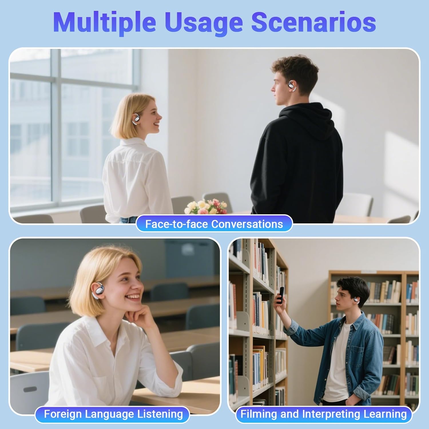 AI Translation Earbuds Wireless Bluetooth - 150 Languages Open-Ear Headphones Translator for iPhone and Android 3-in-1 Real Time Translating Device for Travel Business Learning with Charging Case