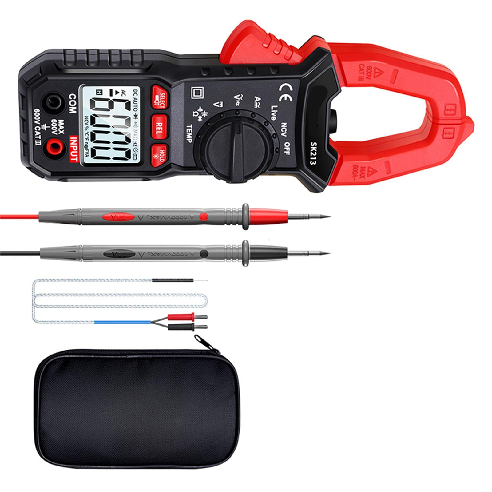 SK213 - Medidor digital de 600 A con abrazadera de apertura grande de 25 mm para pruebas de circuito doméstico, batería no incluida