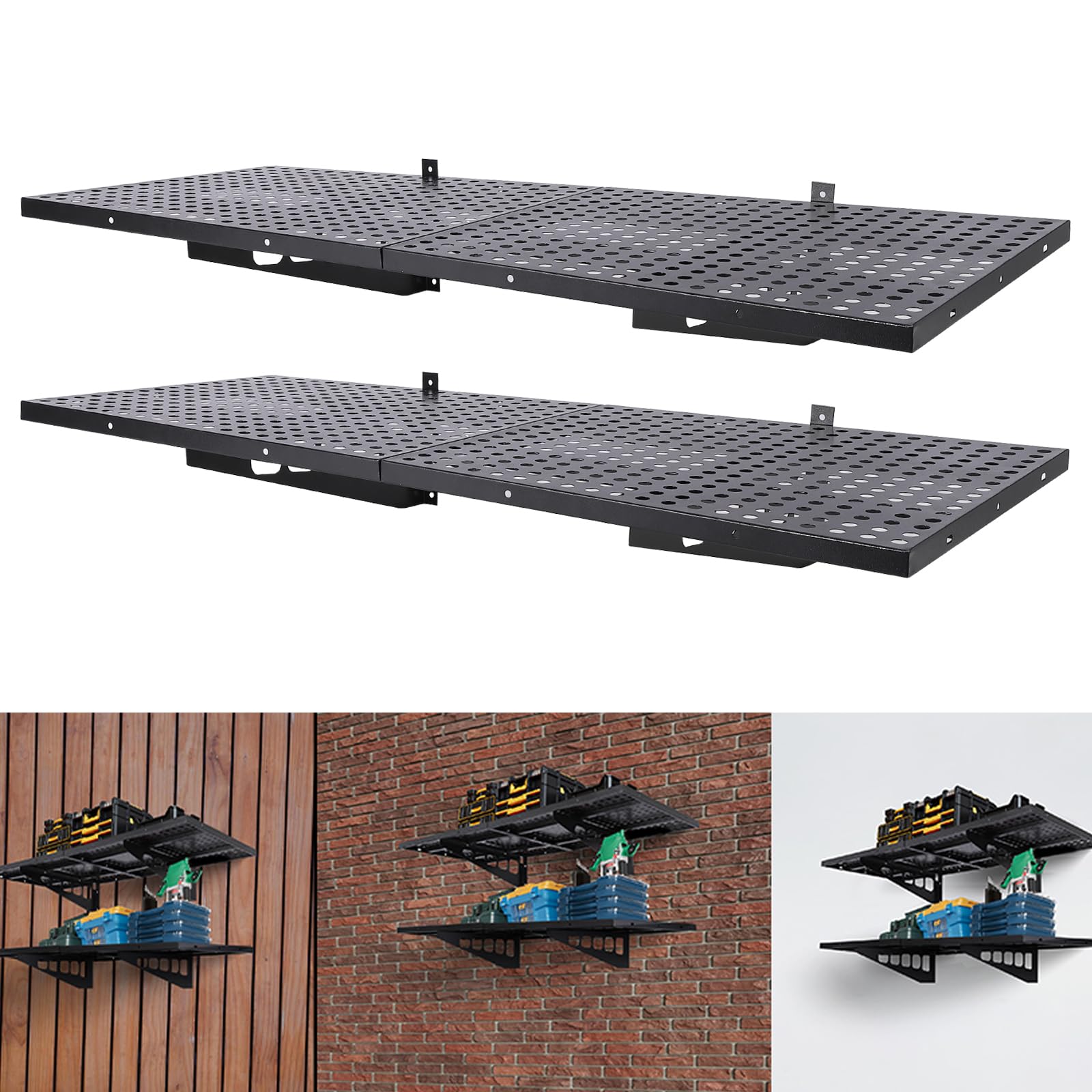 PioneerWorks 2-Pack 1.64x4ft Heavy Duty Garage Wall Shelving, 560 lbs Load Capacity, 2 Shelves, Industrial Style, Wall Mount Garage Storage Racks with