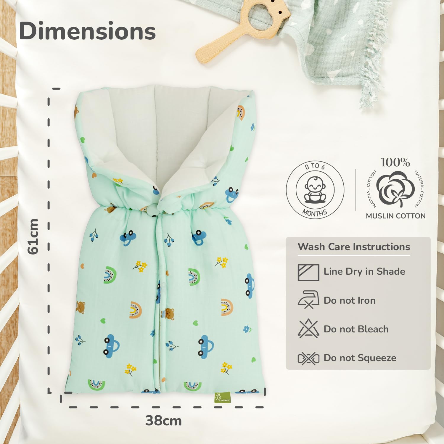 R for Rabbit Snuggy Bliss Baby Sleeping Bag Bedding Set | Premium 100% Muslin Cotton Carrying Nest for New Born Babies & Infant | Travel Friendly for 0-6 Months Baby Girl and Boy (Teddy Green) - Image 8 thumbnail