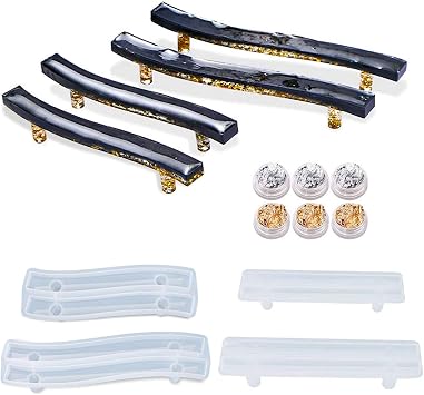 Ovelur Tray Handle Coaster Resin Molds, 4 Pcs Epoxy Resin Coaster Molds for Resin Casting with 6 Pcs Gold Foil Glitter, Silicone Brushes for Tray Dishes Storage DIY Artcraft Project Gift Making