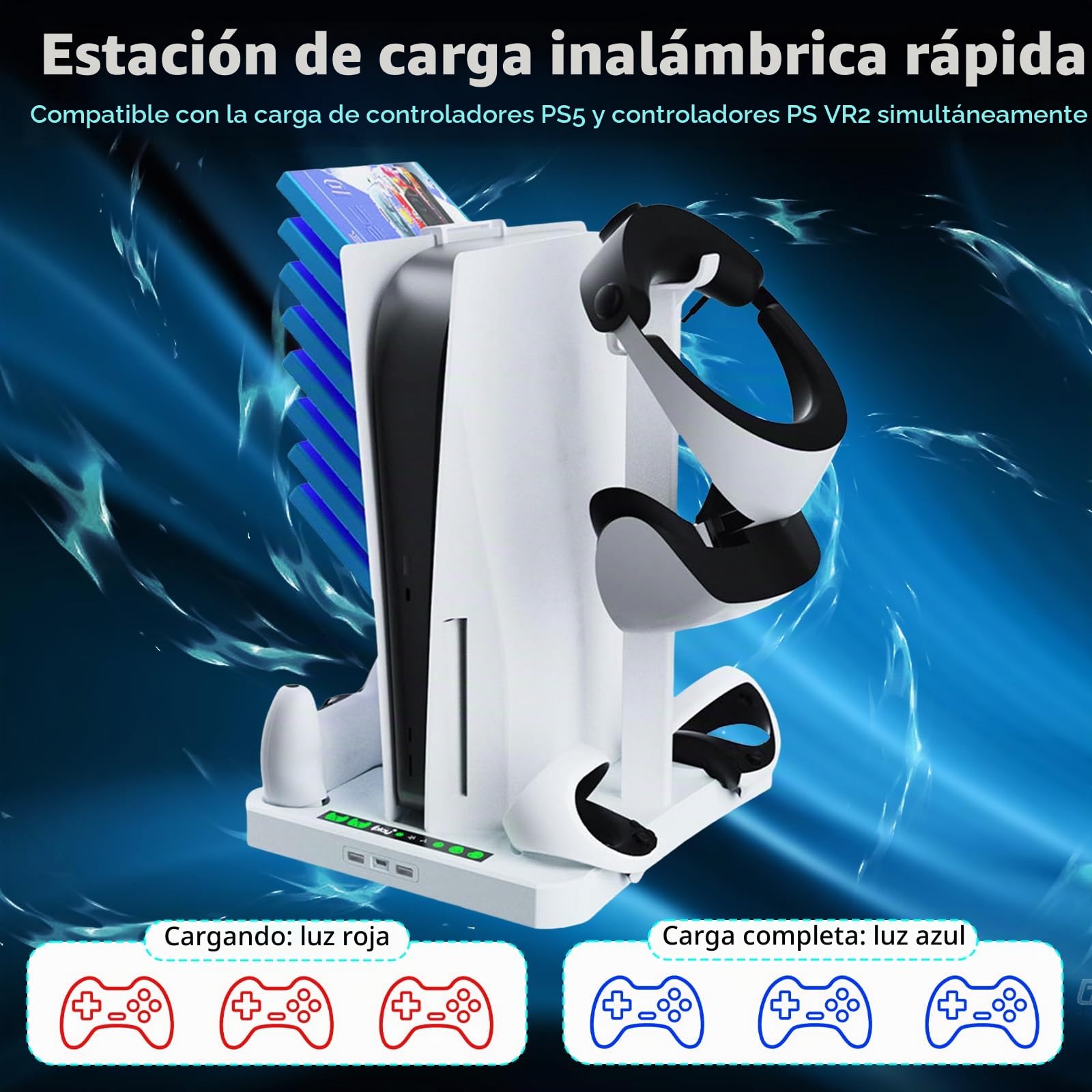 Soporte y estación de refrigeración para PS5 y PS VR2 con estación de carga de controlador, soporte 3 en 1 PS5 con 2 ventiladores de refrigeración para 5 y VR2, soporte para auriculares,
