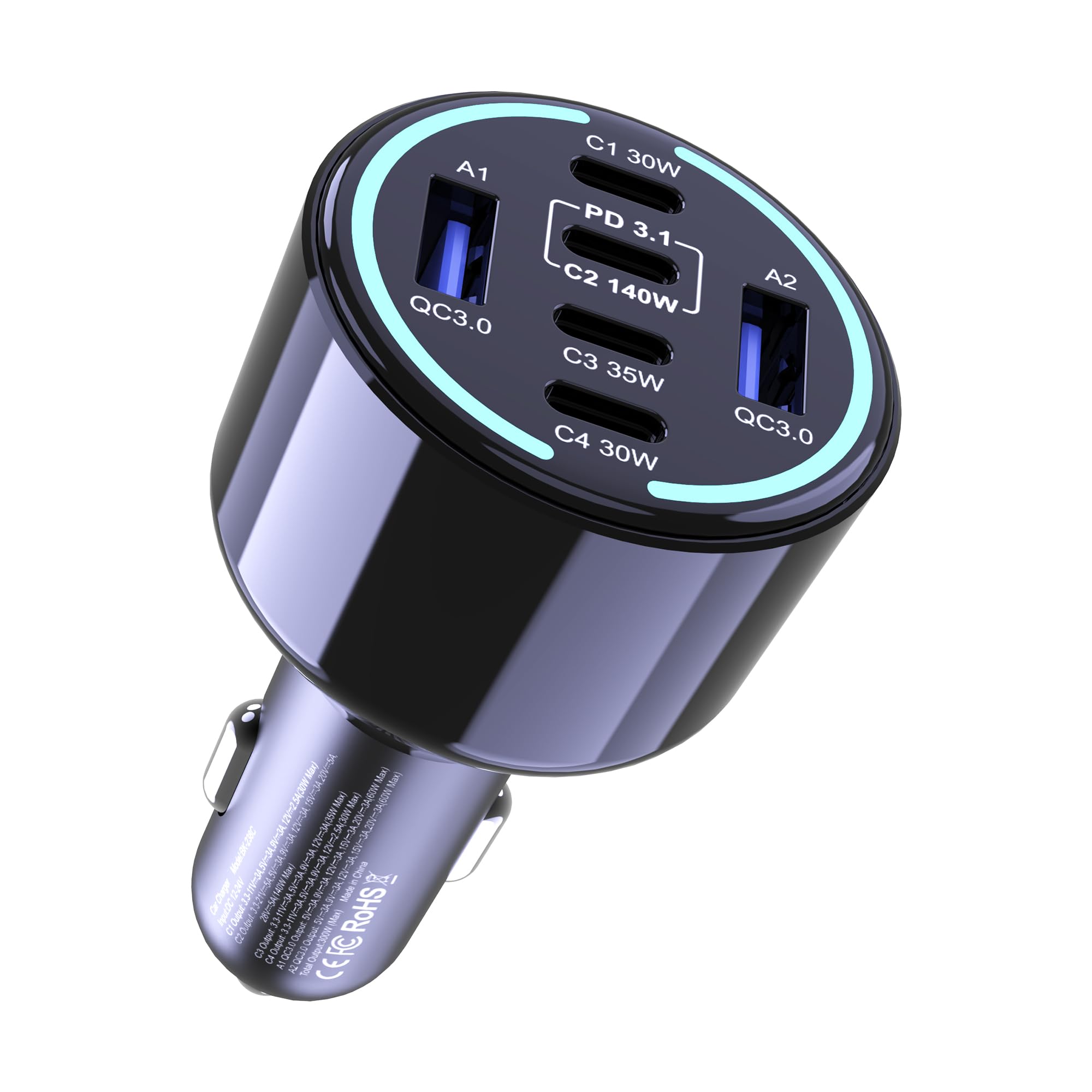 chipofy300W USB C Car Charger, 6 Ports (4 USB C + 2 USB A) - PD3.1 140W PPS 45W QC 60W Super Fast Charging Car Adapter for MacBook Laptop, iPhone 16 15 Pro Max, iPad, Galaxy S25/S24 Ultra etc