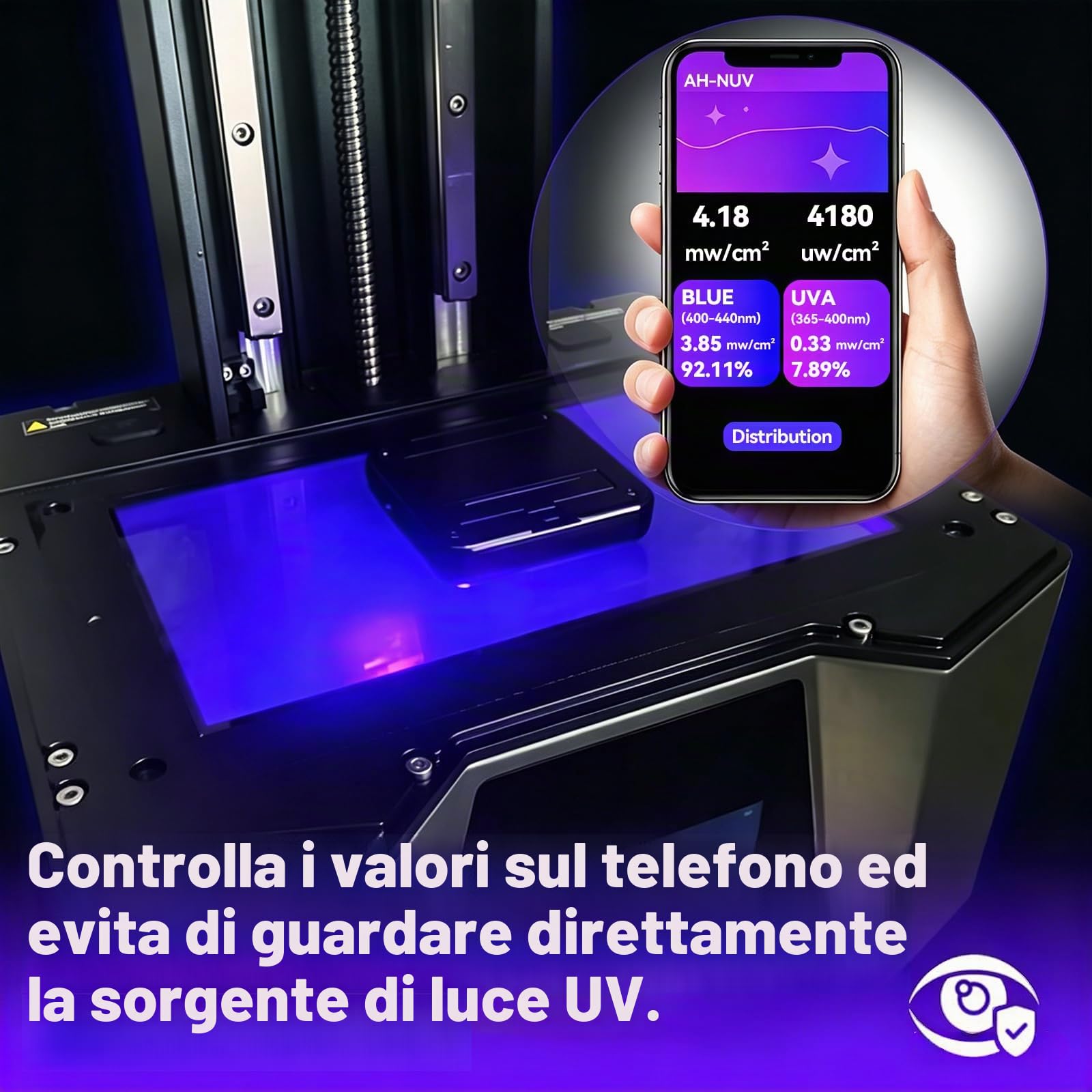 Misuratore UV per stampante 3D in resina, 405 nm e 385 nm, tester di intensità UV con app Bluetooth, misura la distribuzione delle radiazioni per stampanti LCD, DLP e SLA