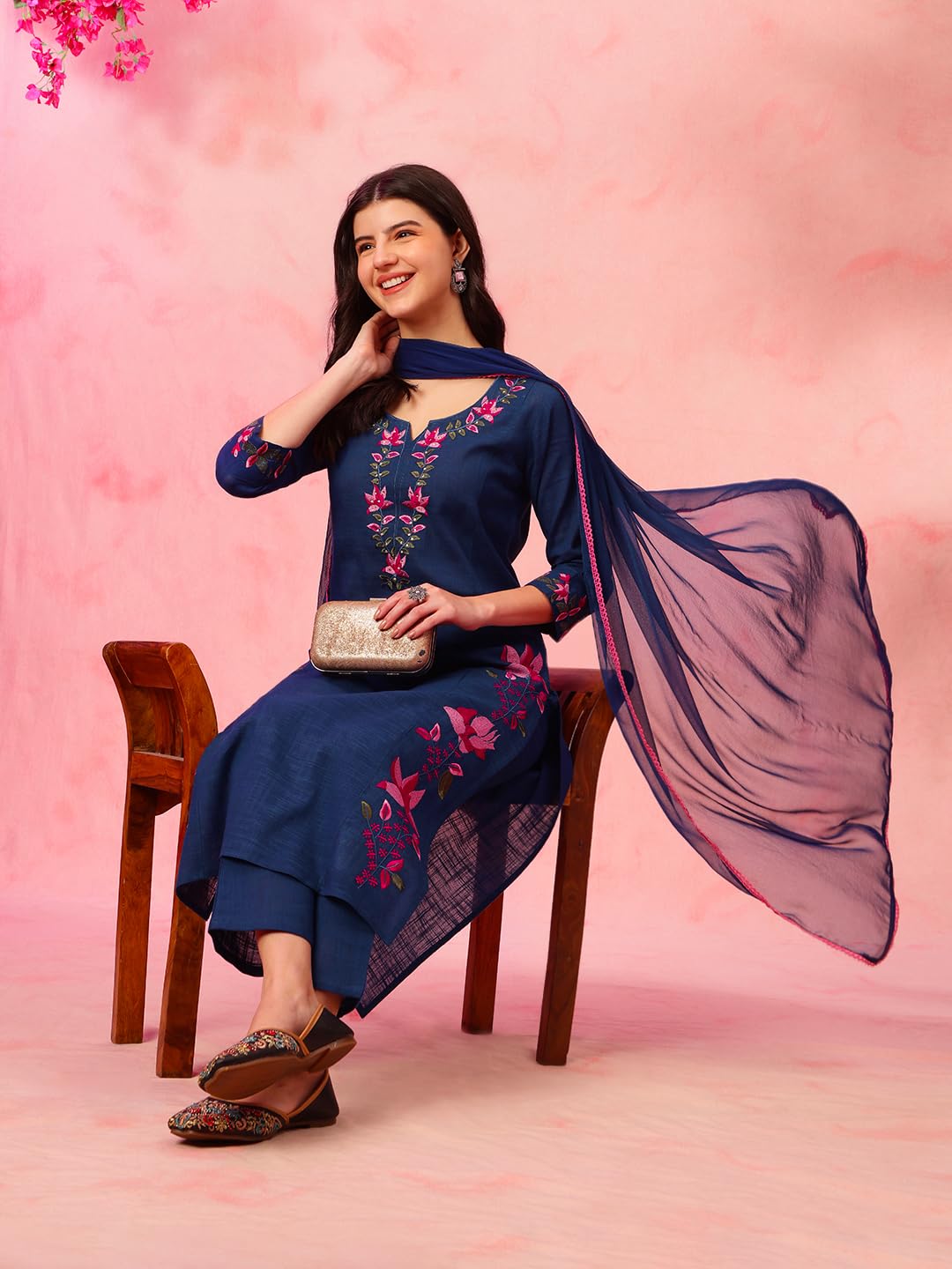 ETHNIFLAIR Women Blue Floral Embroidered Regular Aari Work Pure Cotton Kurta with Pant & Dupatta Set 2