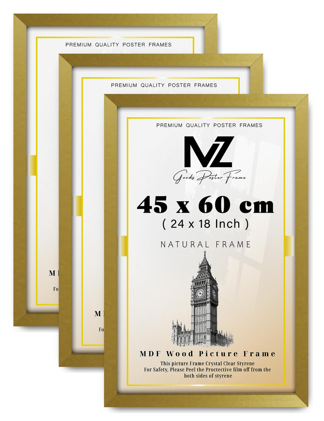 MZ GOODS pack of 3 MDF Picture Frame (45 x 60 CM) 450 x 600 mm Perfect for Wall Gallery, Art & Certificates, Ideal for Home & Office, MDF Finish with Hanging Hooks [ Gold ]