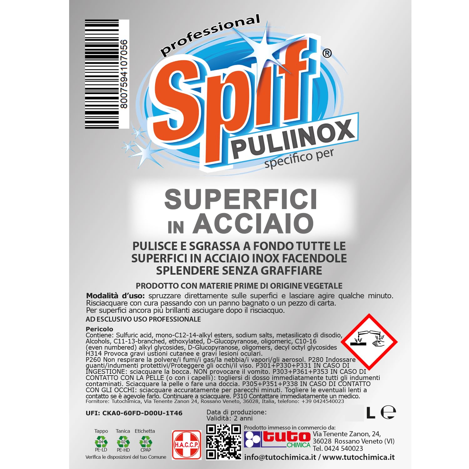 SPIF Detergente Acciaio Inox Professionale Cucina, Pulisce, Sgrassa, Lucida PULIINOX 5L