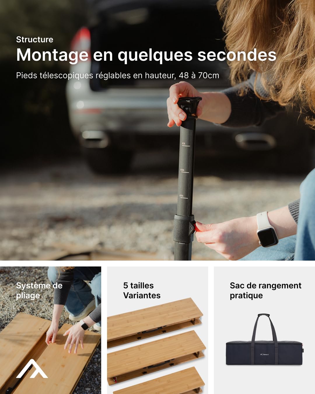 qeedo Quick Kimmy - différentes Tailles - Tables de Camping pour l'extérieur en Aluminium et Bambou, Pliables, réglables en Hauteur, compactes, légères, Stables et Robustes - 2/4 / 6 Personnes