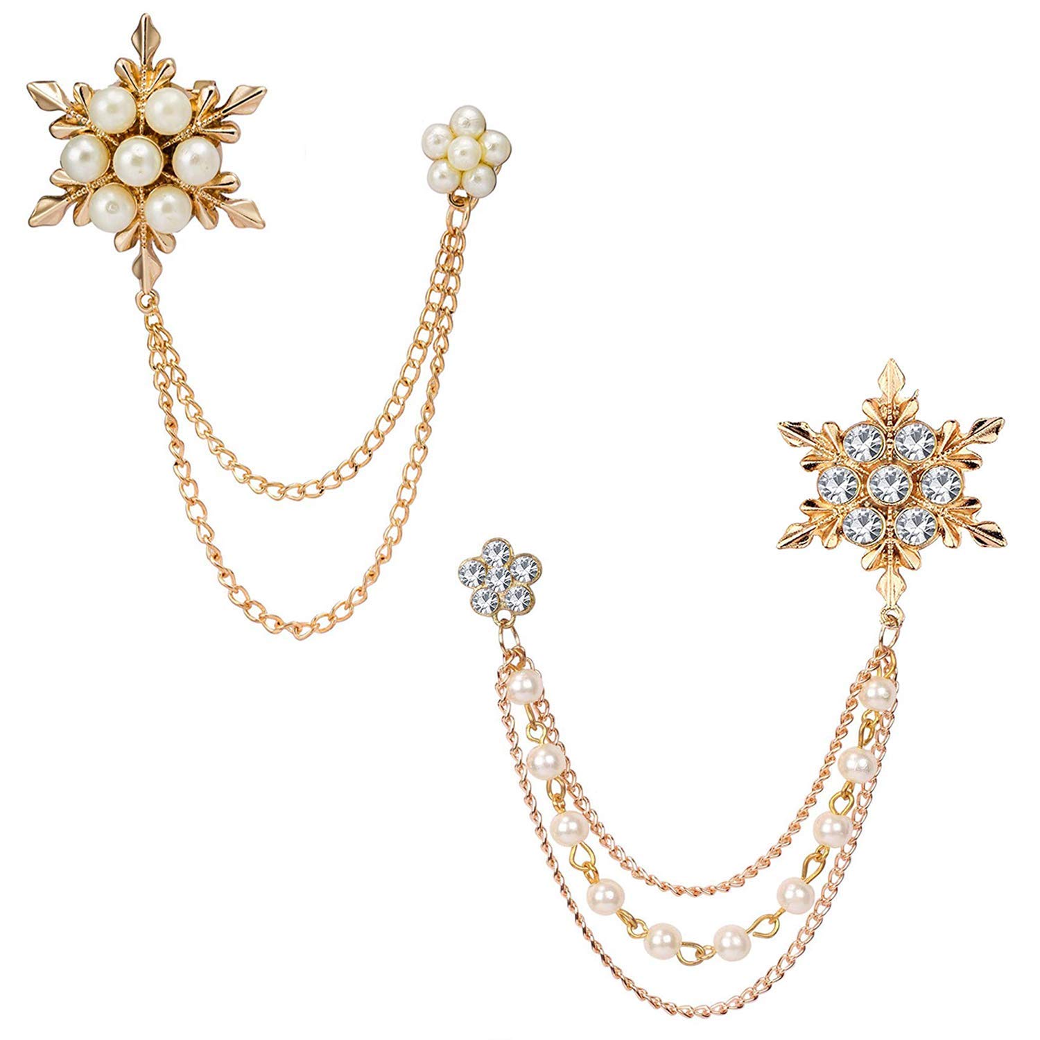 Jewellery Combo Of 2 Indo Western Crystal Snow Flakes Design Inspired Lapel Pin Brooch With Hanging Chain Decorated With Pearls For Boys And Men CO1000303C
