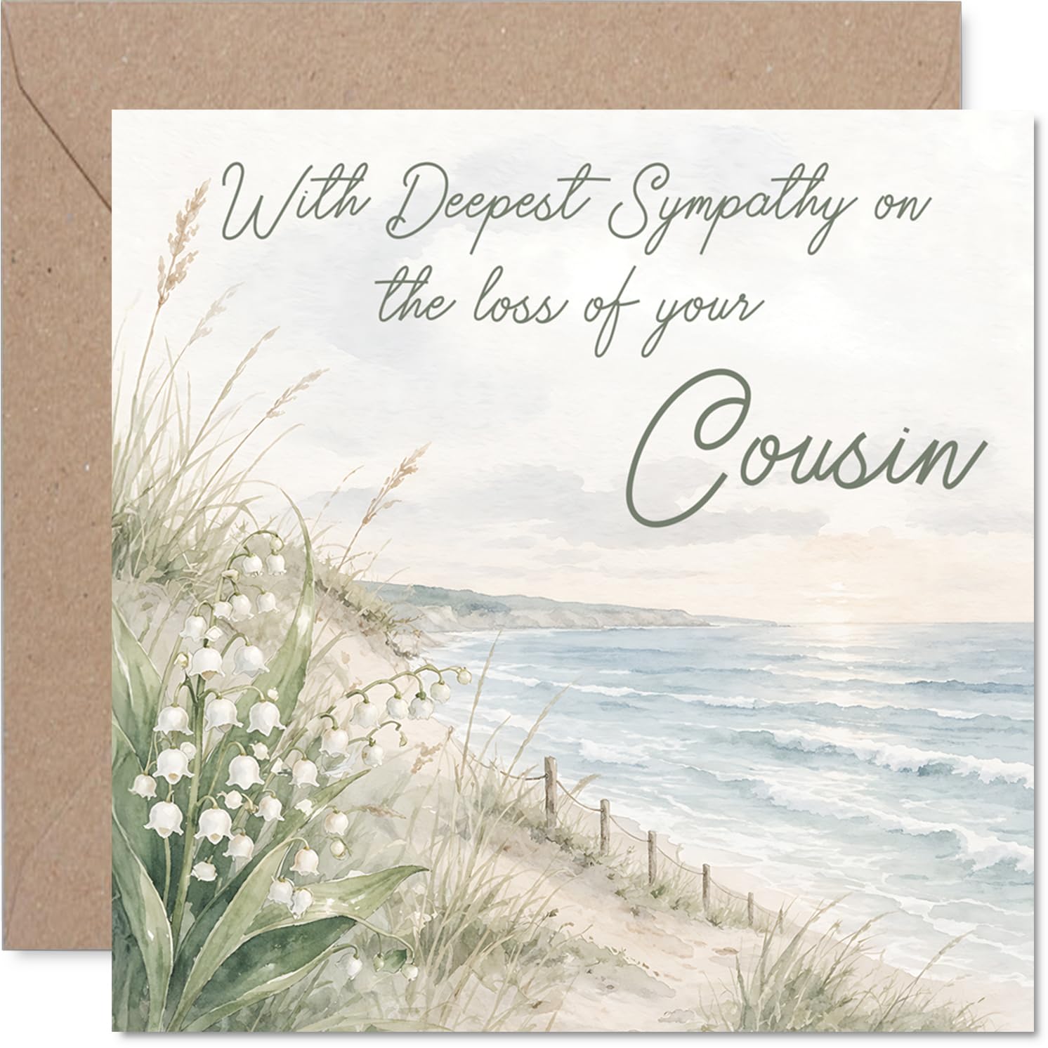 Comforting Sympathy Card - Loss of Cousin - Gentle Comfort in Difficult Times - Serene Coastal Scene with Delicate Flowers - 145mm Square, Envelope Included