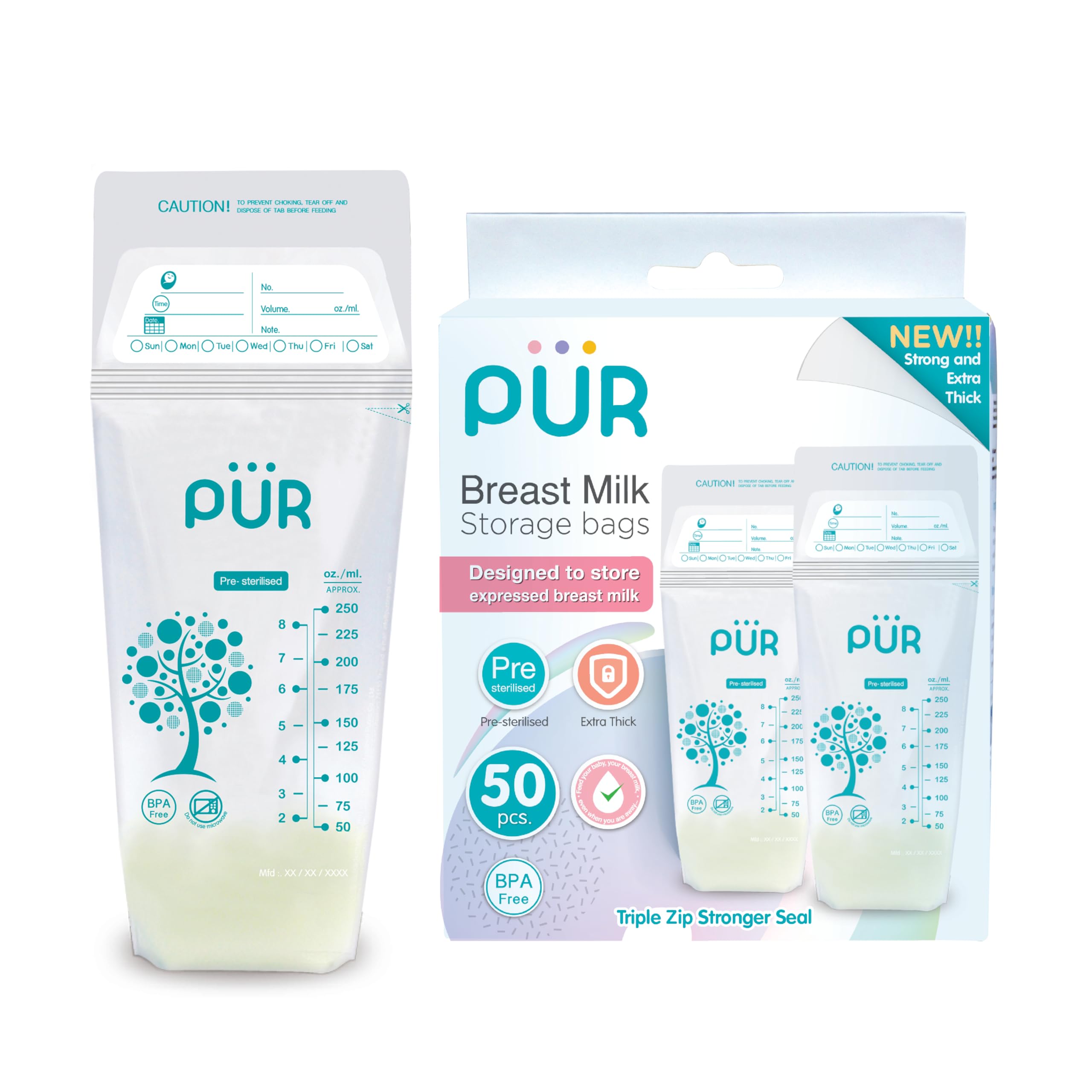 Pur Breast Milk Transparent Storage Bags by Fratelli | Breastmilk Pouches for Fridge or Freezer Use | Pre-sterilized | Reusable | Tripple Zipper for Ultimate Protection | 250ml (50 Bags)-image-42