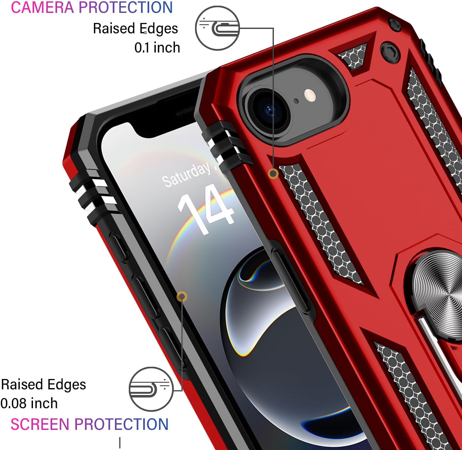 IKAZZ for iPhone 16e Case 6.1 Inch with Screen Protector,Military Grade Shockproof Heavy Duty Protective Phone Cover Pass 16ft Drop Test with Magnetic Kickstand Car Mount Holder,Red Color image 3